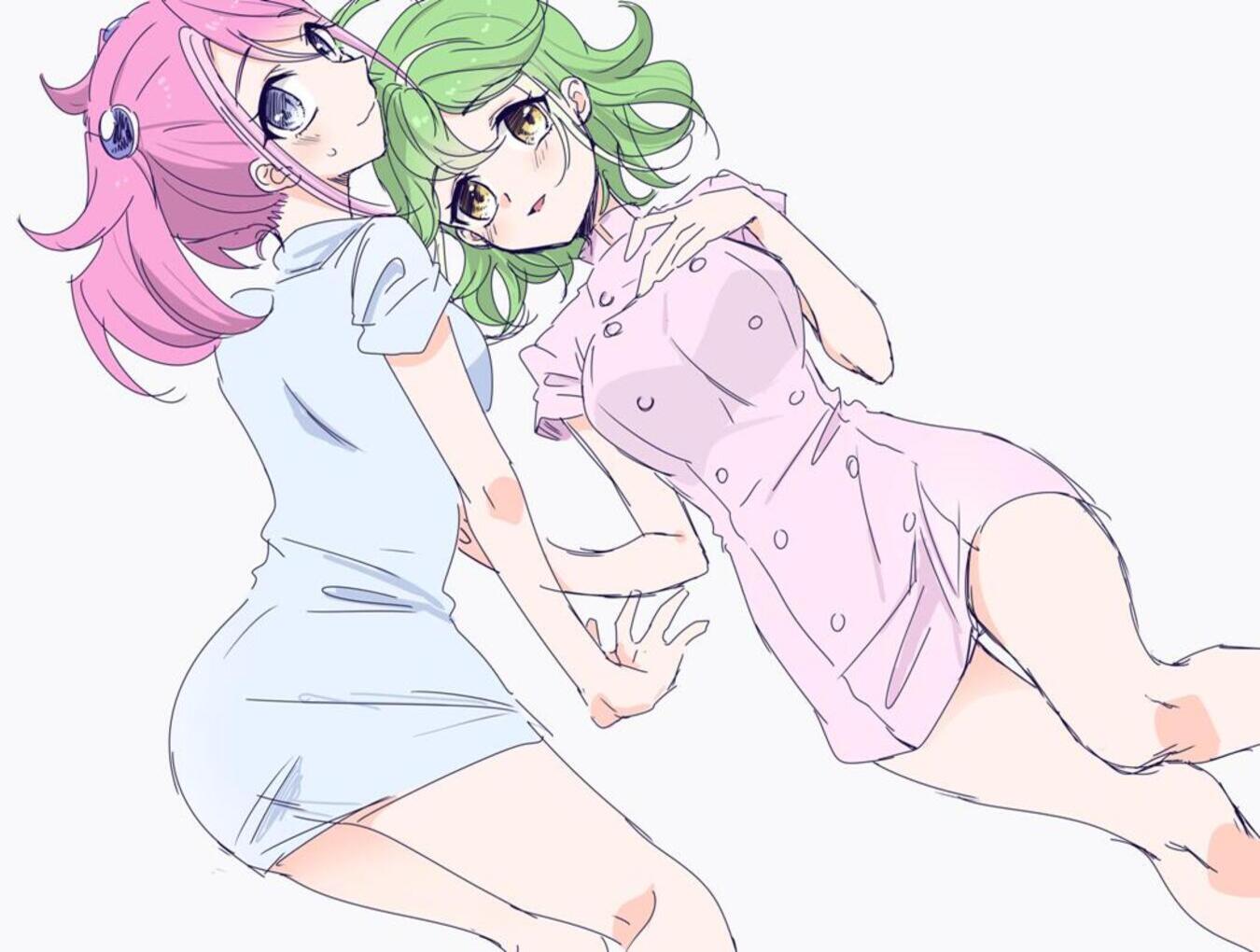 Anime 1350x1020 anime anime girls nurse outfit nurses Yu-Gi-Oh! Yu-Gi-Oh! ARC-V Hiiragi Yuzu Rin (Yu-Gi-Oh) twintails pink hair ahoge green hair artwork digital art fan art