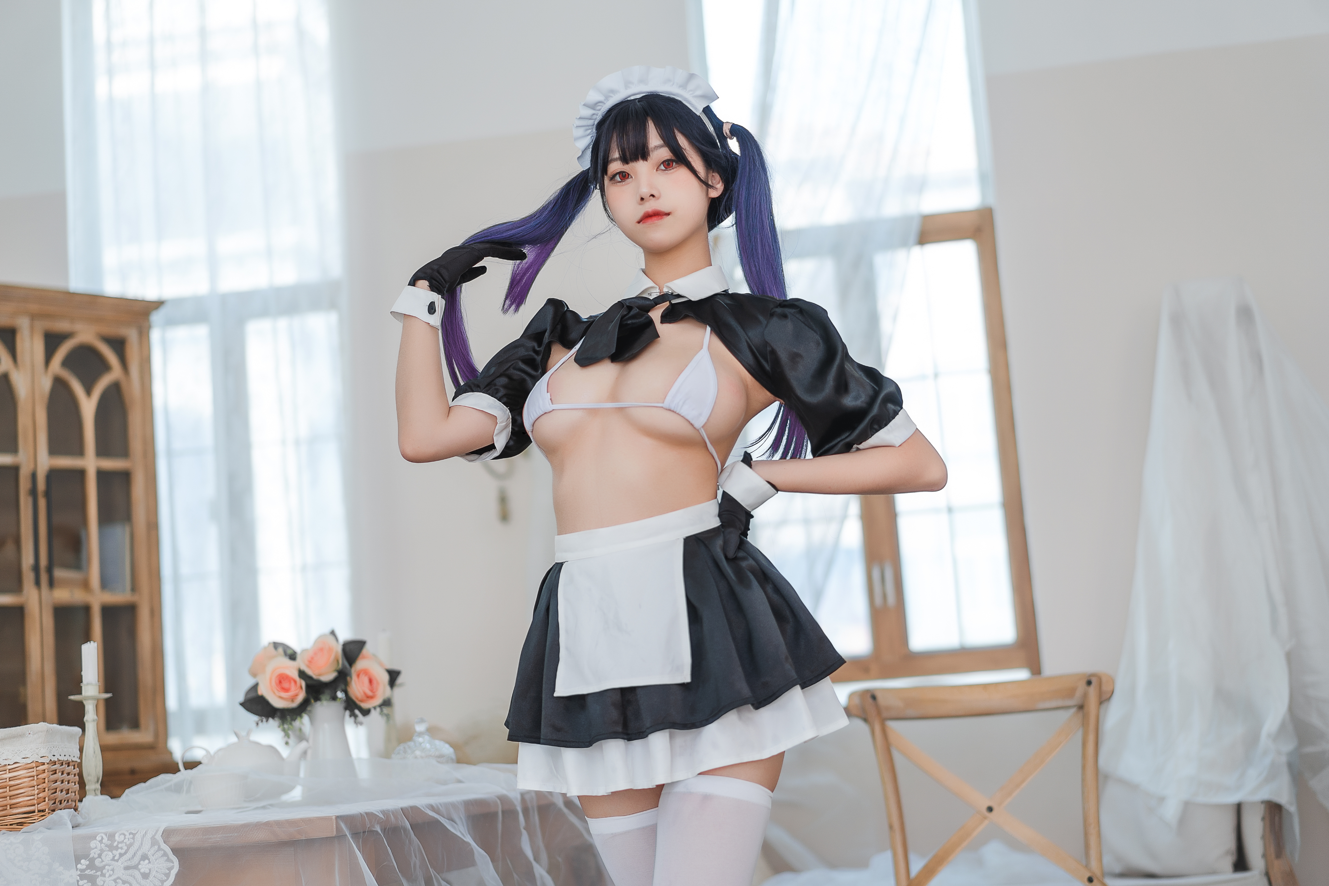 People 4500x3000 Mizhimaoqiu women model Asian cosplay maid maid outfit twintails underwear bra stockings white stockings indoors women indoors pale