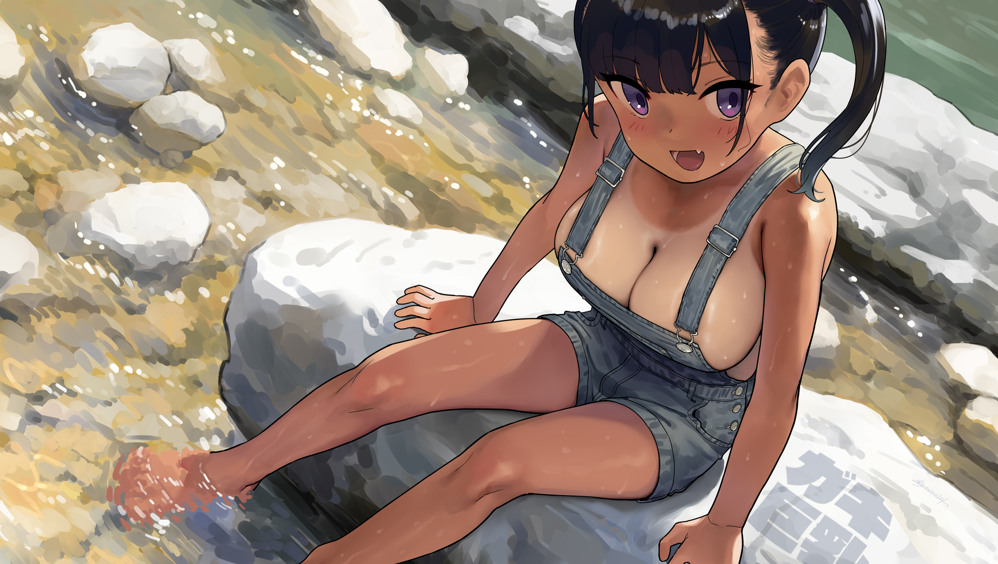 Anime 2000x1130 anime anime girls big boobs cleavage blushing tanned tan lines open mouth water rocks sitting black hair purple eyes no bra overalls jeans overalls looking at viewer artwork Kaedeko high angle