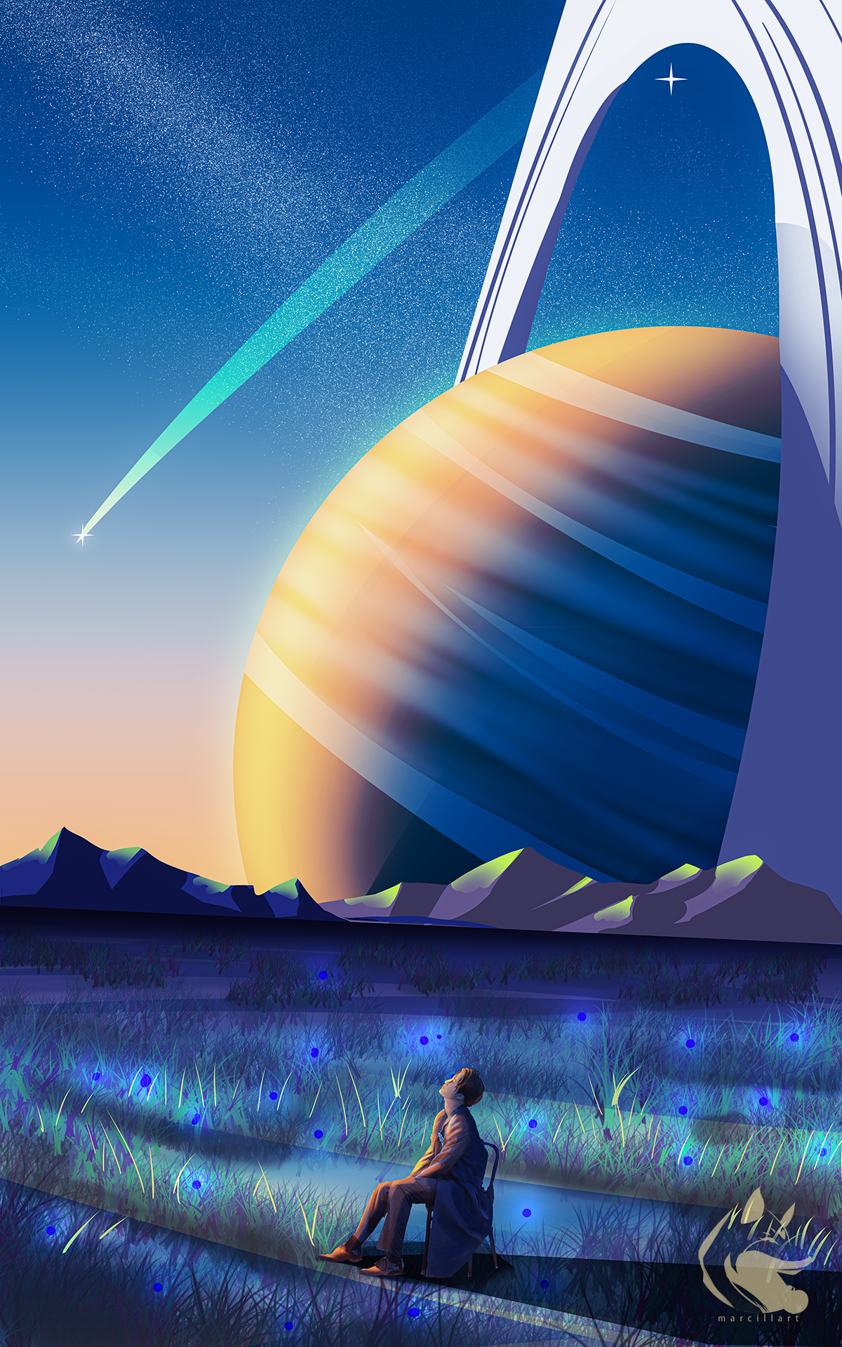 General 1200x1920 planetary rings planet mountains sitting grass shooting stars sunset
