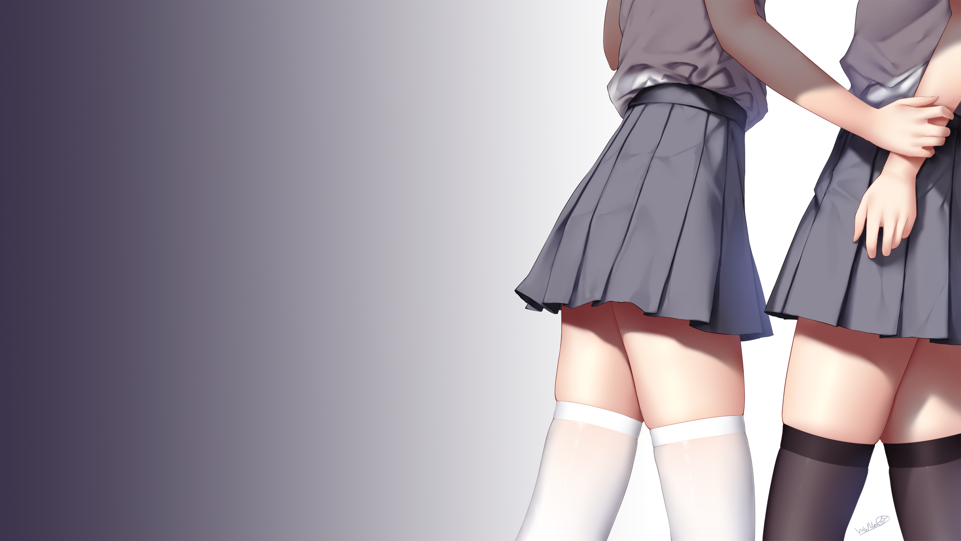 Anime 3200x1800 stockings thigh-highs school uniform anime girls wsman artwork simple background pleated skirt standing