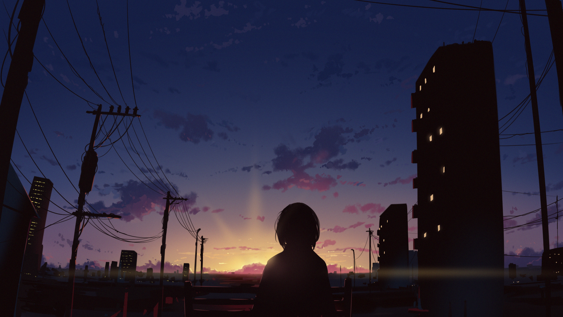 Anime 1920x1080 anime girls sky sunset original characters Arttssam power lines utility pole silhouette building