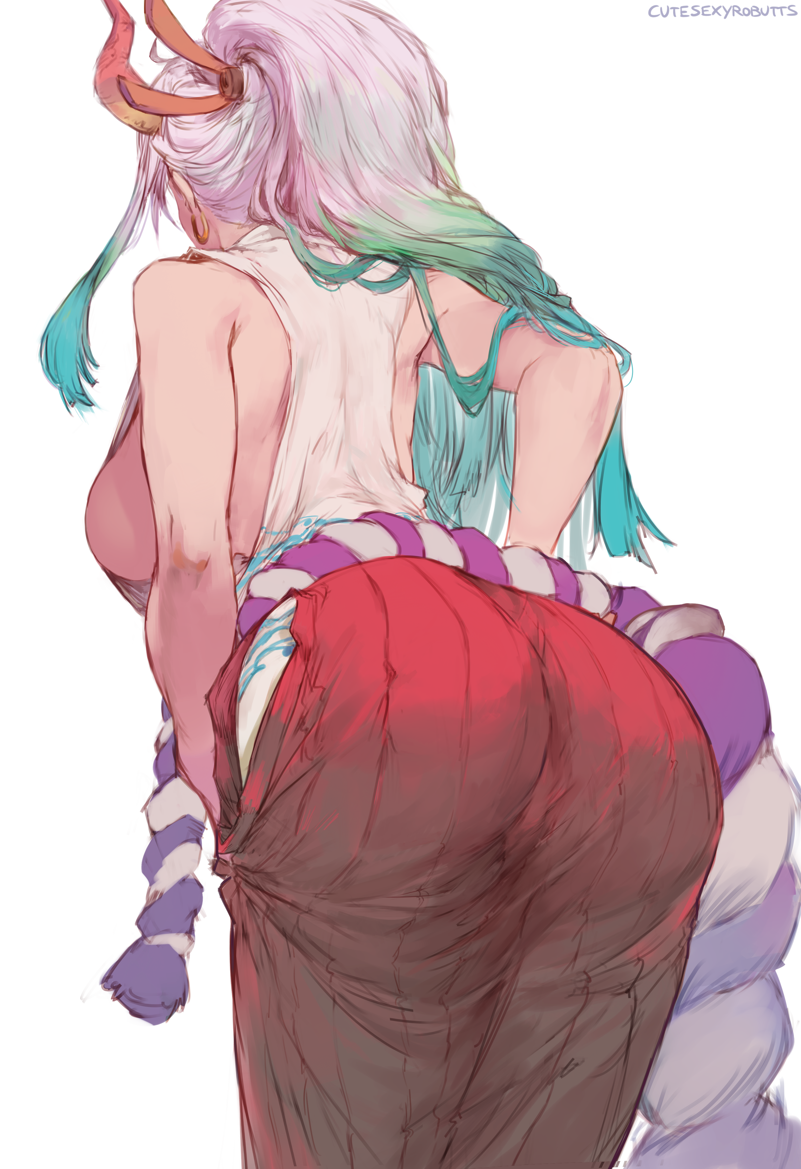 Anime 3085x4500 Yamato (One Piece) One Piece anime anime girls fantasy girl horns ponytail gradient hair behind ass curvy sideboob simple background white background portrait display 2D artwork drawing digital art illustration fan art Cutesexyrobutts