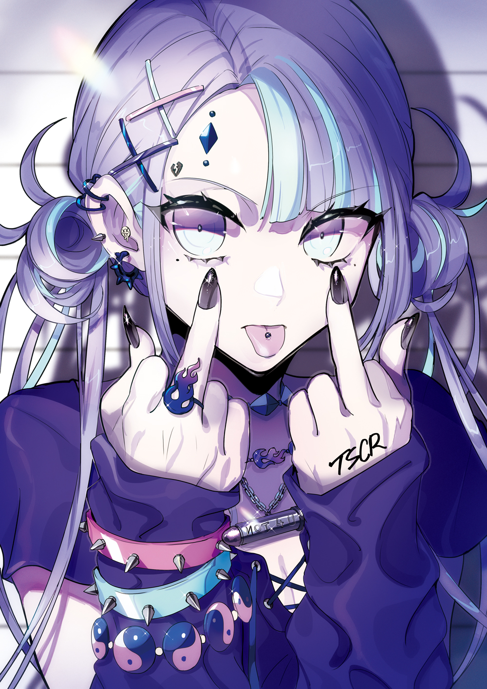 Anime 1000x1414 anime anime girls simple background original characters fashion piercing middle finger TSCR portrait display pierced tongue