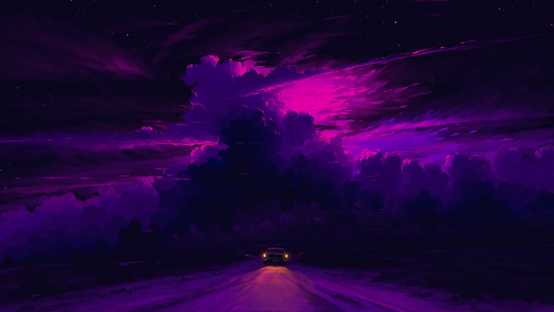 General 1920x1080 digital painting driving night sky clouds car BisBiswas purple