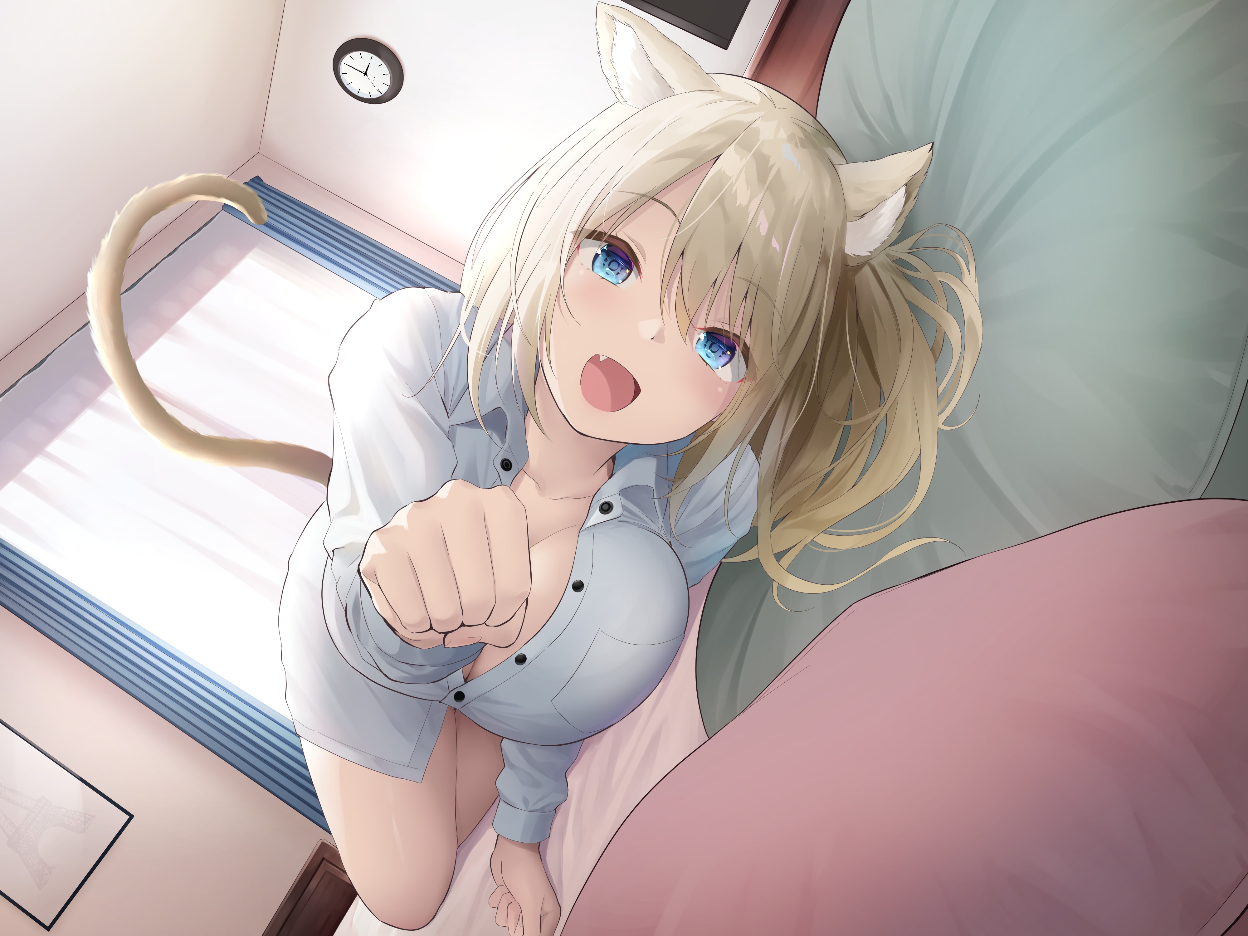 Anime 4000x3000 Oekakizuki anime girls blonde tail cat girl blue eyes animal ears in bed