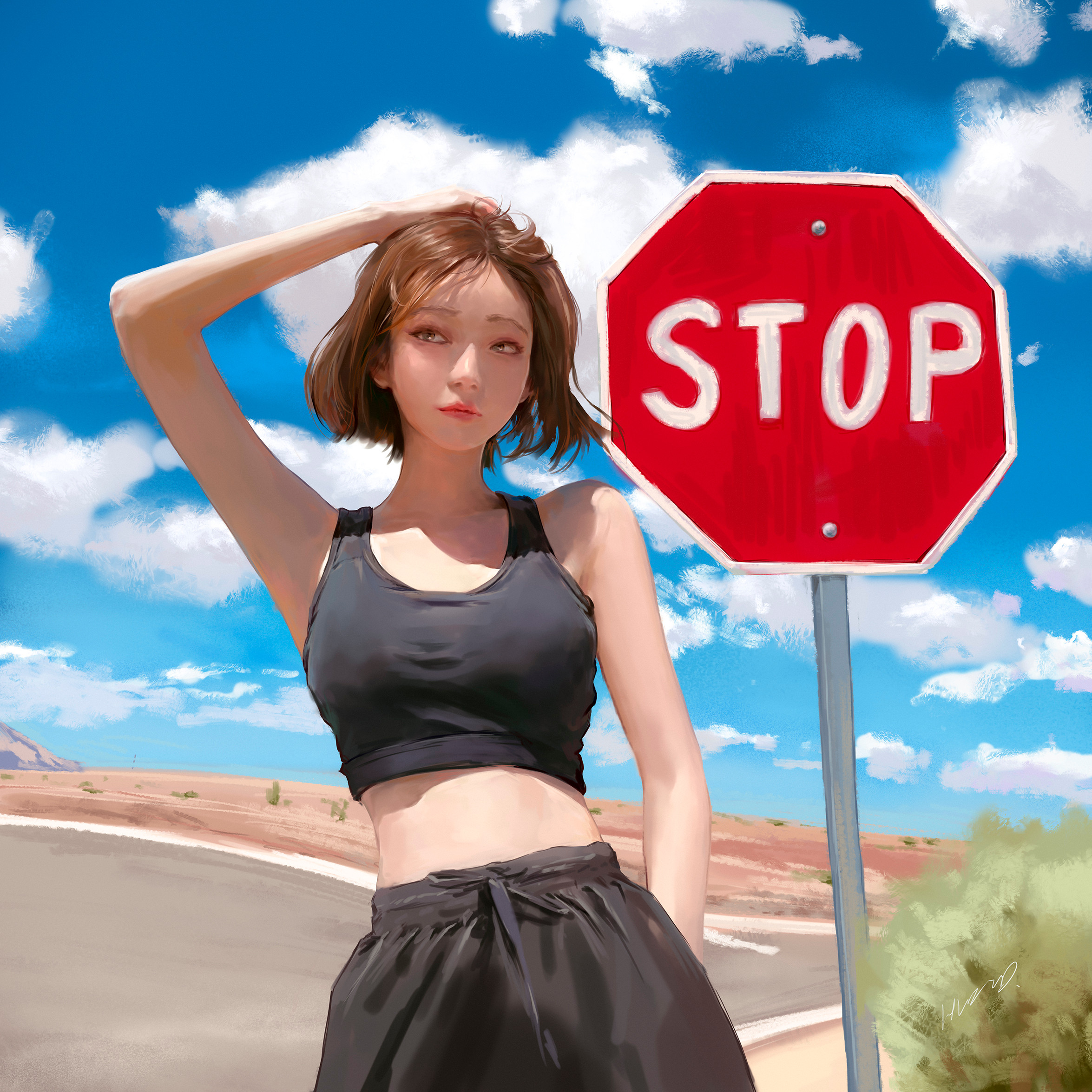 General 2350x2350 women outdoors looking sideways arms up looking away standing brunette ArtStation digital art portrait display signs stop sign sky sleeveless sunlight bare shoulders armpits one arm up clouds bare midriff short hair closed mouth Shenpei Wu