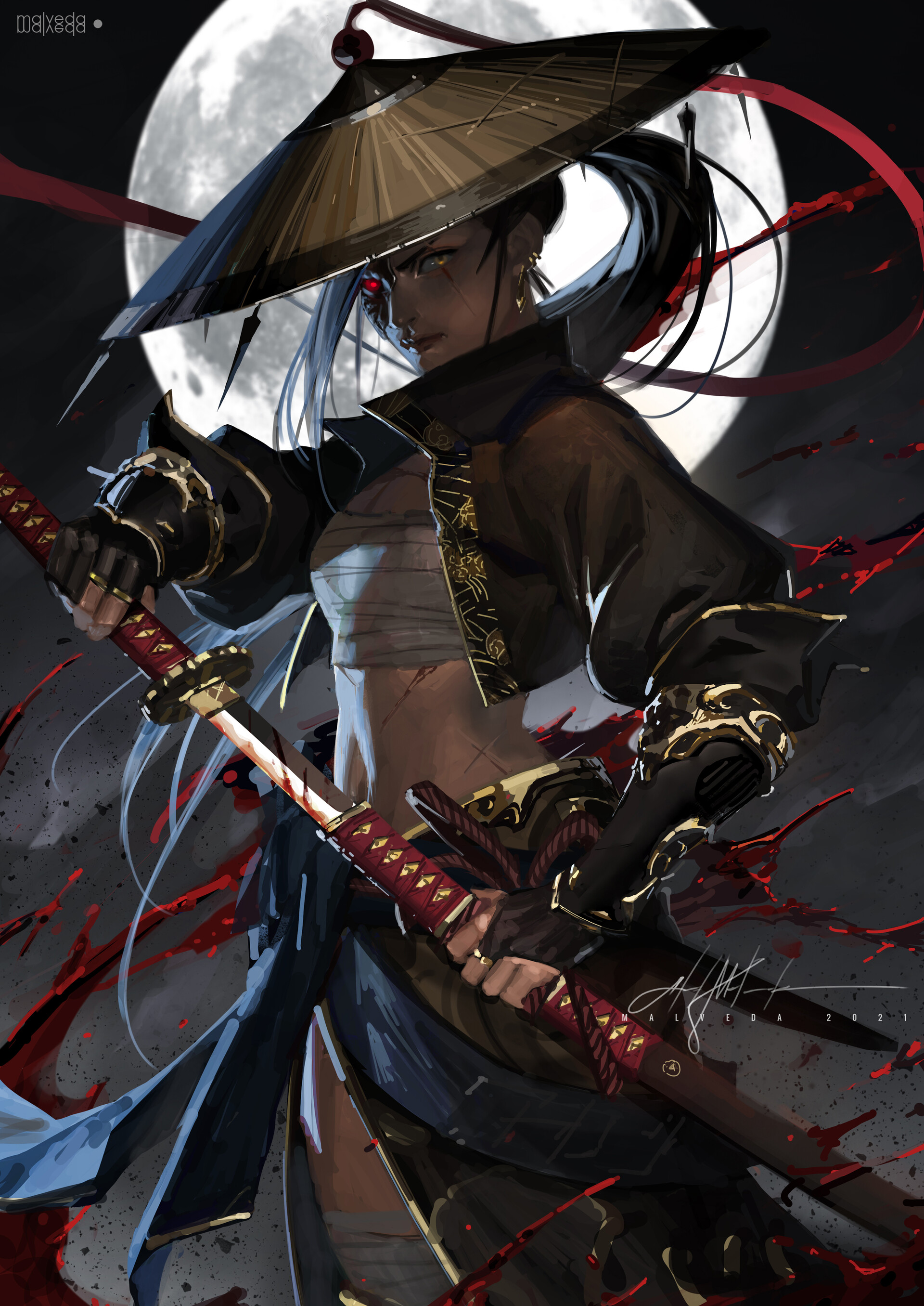 General 1920x2712 Malveda (Artist) digital art artwork katana shinobi sarashi straw hat red eyes warrior female warrior black clothing