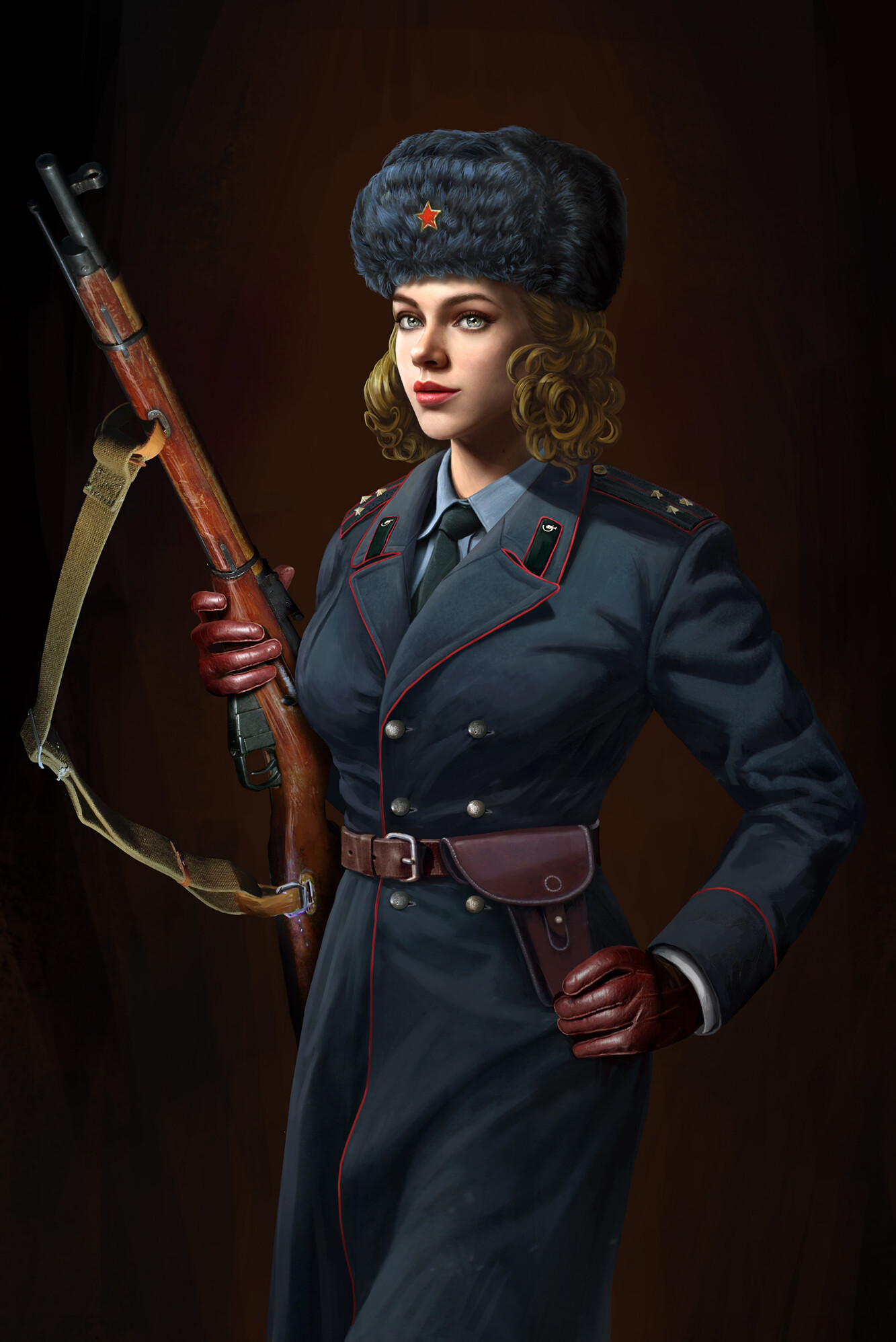 General 1333x1996 artwork women blonde uniform military uniform rifles USSR ushanka