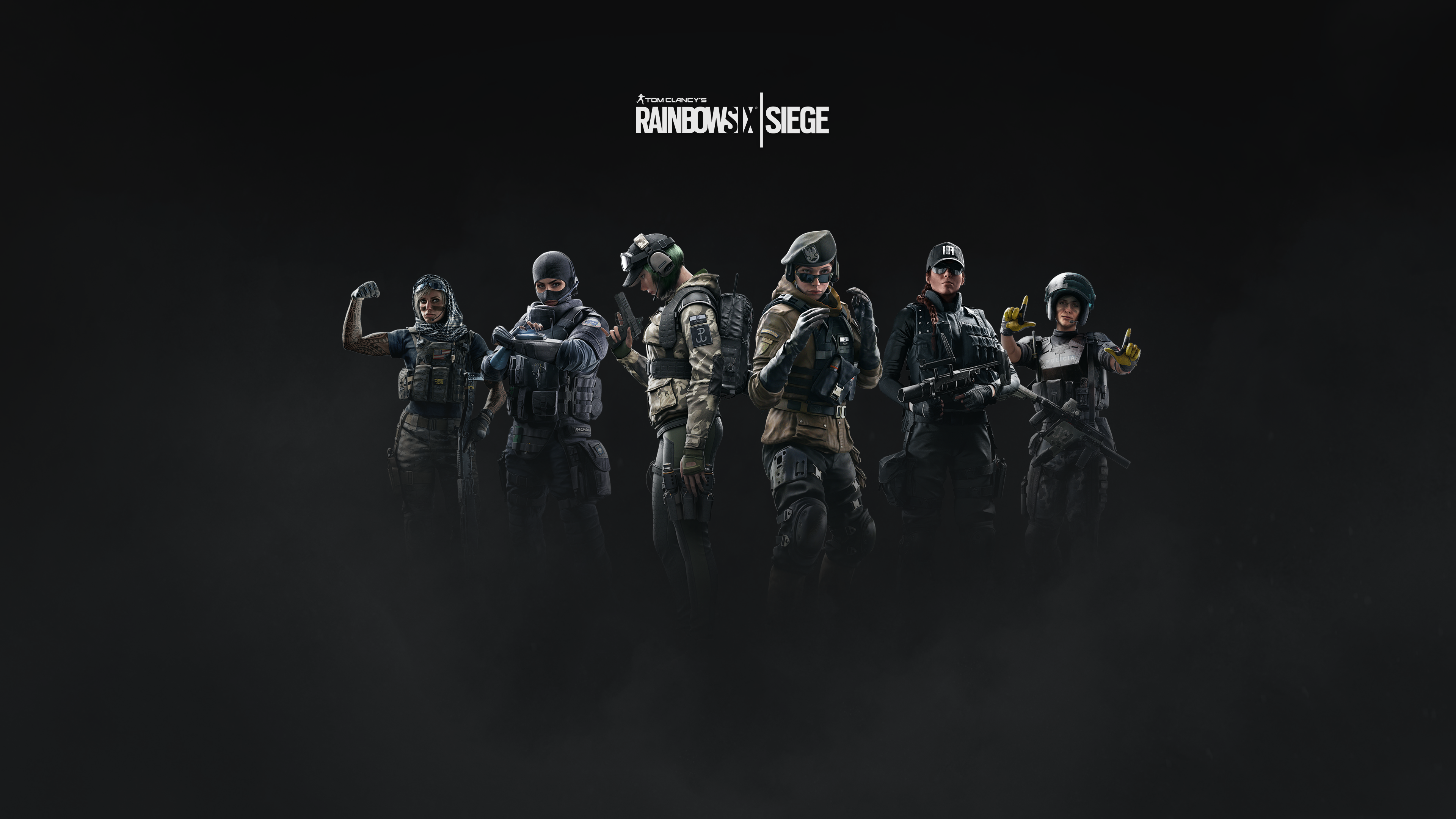 General 3840x2160 Rainbow Six: Siege Twitch Rainbow Six video games video game characters video game girls girls with guns dark background group of women armor flag inked girls PC gaming Ashe (League of Legends)