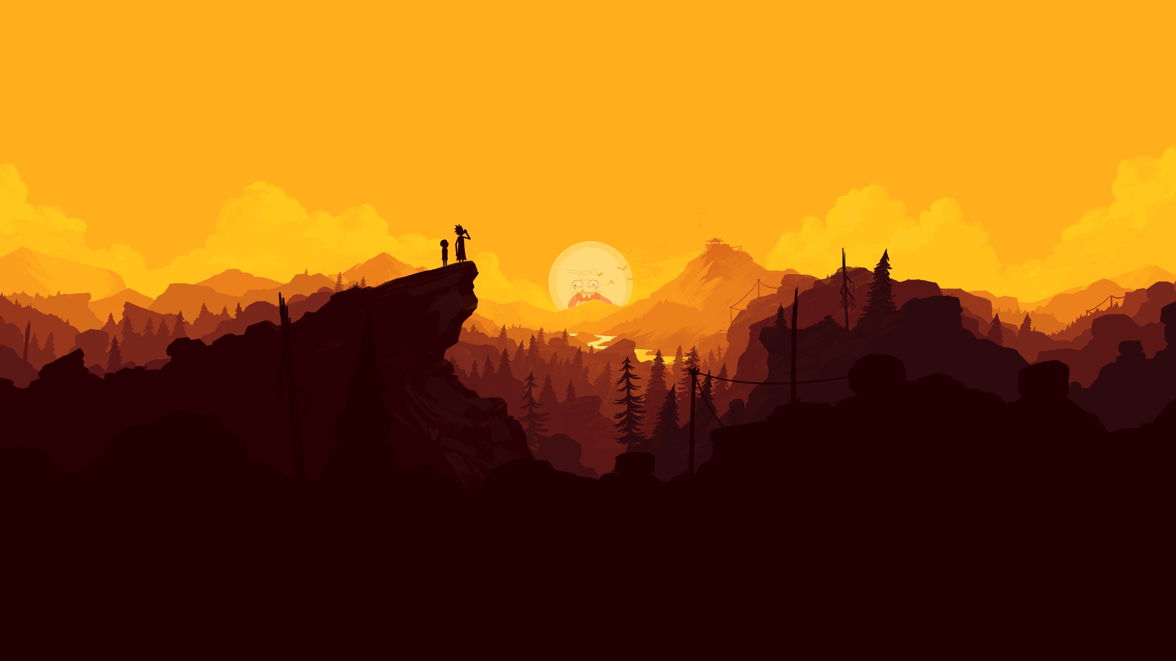 General 3840x2160 mountains Rick and Morty sunset river Firewatch video games digital art crossover low light