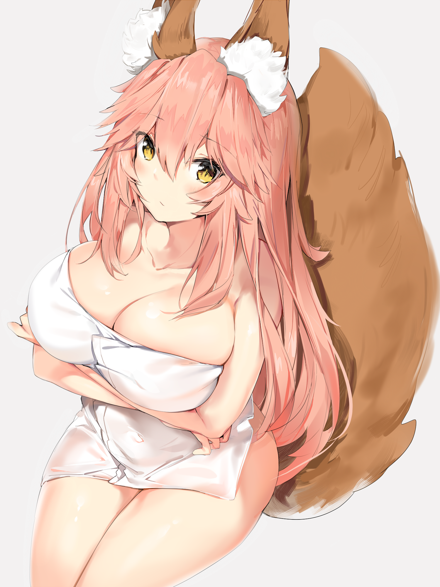 Anime 1500x2000 Fate/Extra white background simple background cleavage animal ears tail yellow eyes pink hair long hair fox girl towel big boobs anime girls Tamamo no Mae (fate/grand order) Fate series artwork Silver (artist)