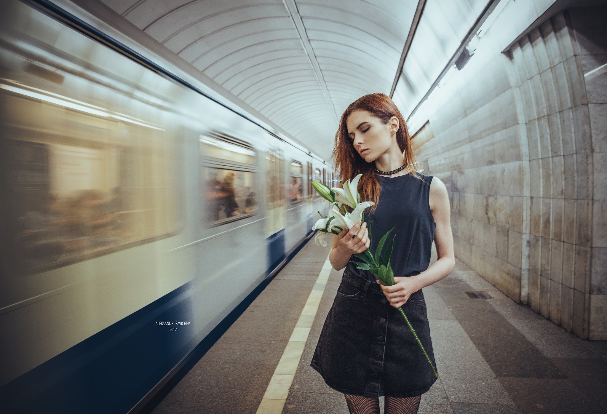 People 2048x1397 Aleksandr Savichev train flowers subway vehicle women model 500px underground plants skirt makeup redhead 2017 (Year) text