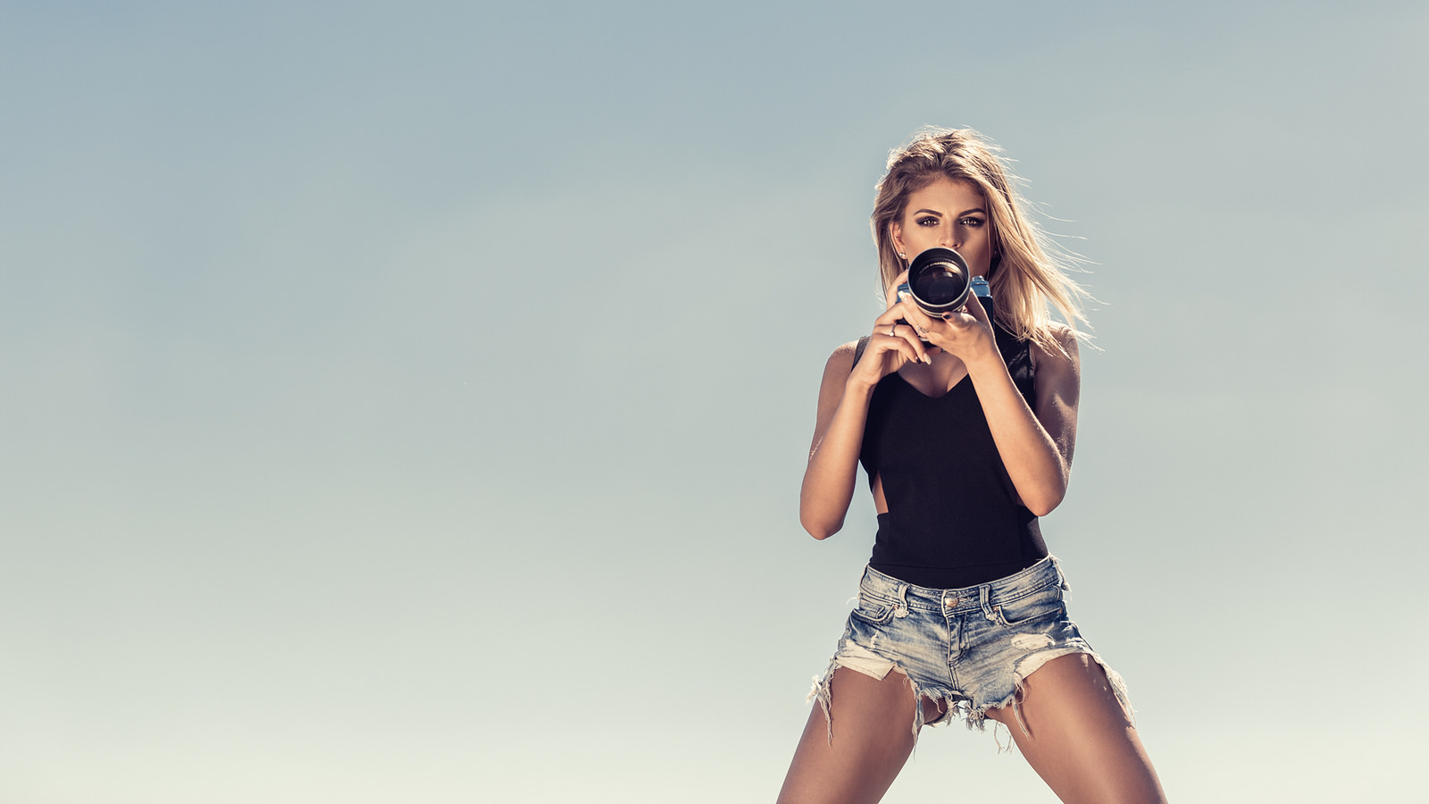 People 1600x900 women blonde tanned portrait jean shorts camera torn jeans tank top