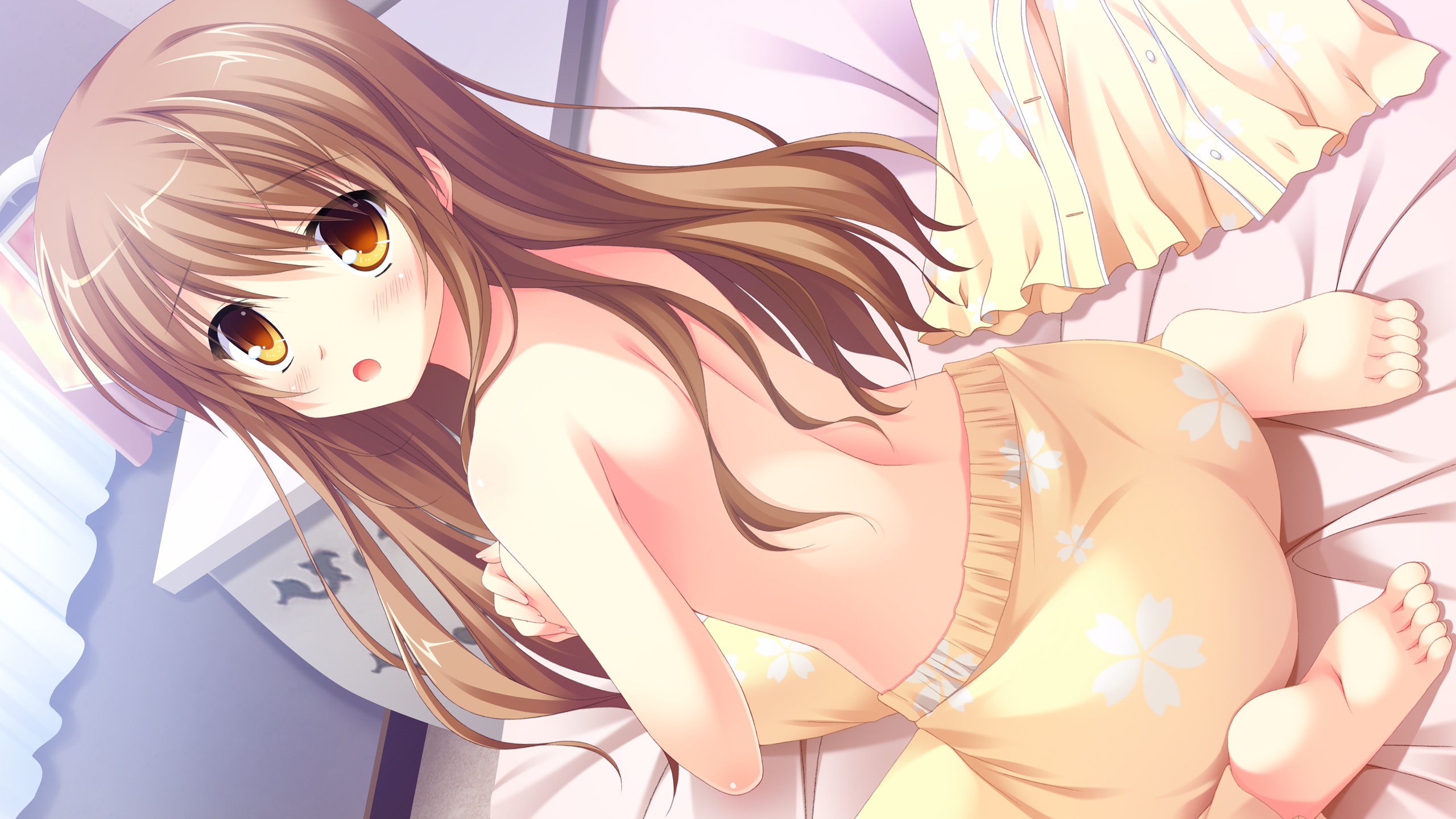 Anime 2560x1440 Omigawa Hitomi Love La Bride yellow eyes topless sideboob feet pyjamas in bed brunette brown eyes anime girls Takano Yuki anime open mouth long hair back barefoot hands on boobs looking at viewer partially clothed