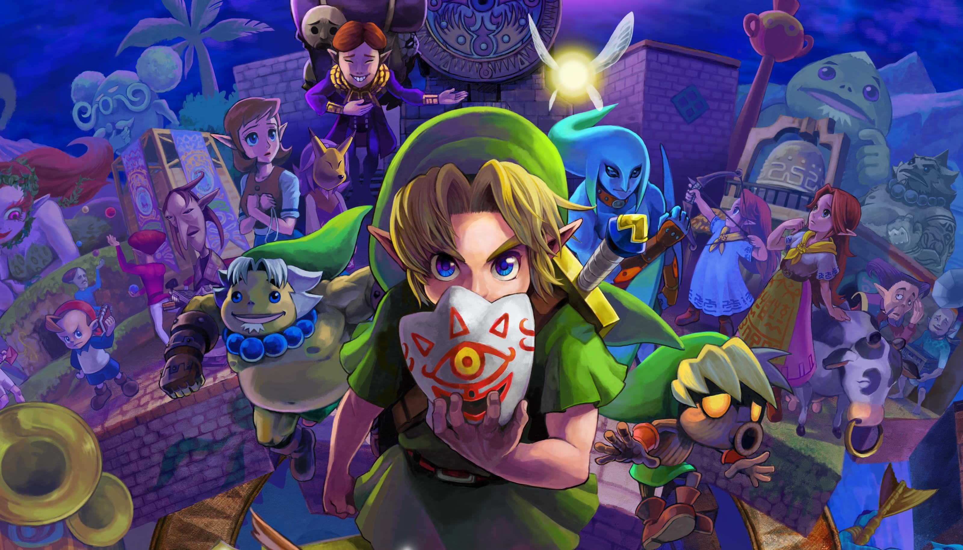 General 3200x1830 The Legend of Zelda: Majora's Mask The Legend of Zelda Link Happy Mask Salesman Anju Cremia green tunic video game characters Nintendo video games mask looking at viewer