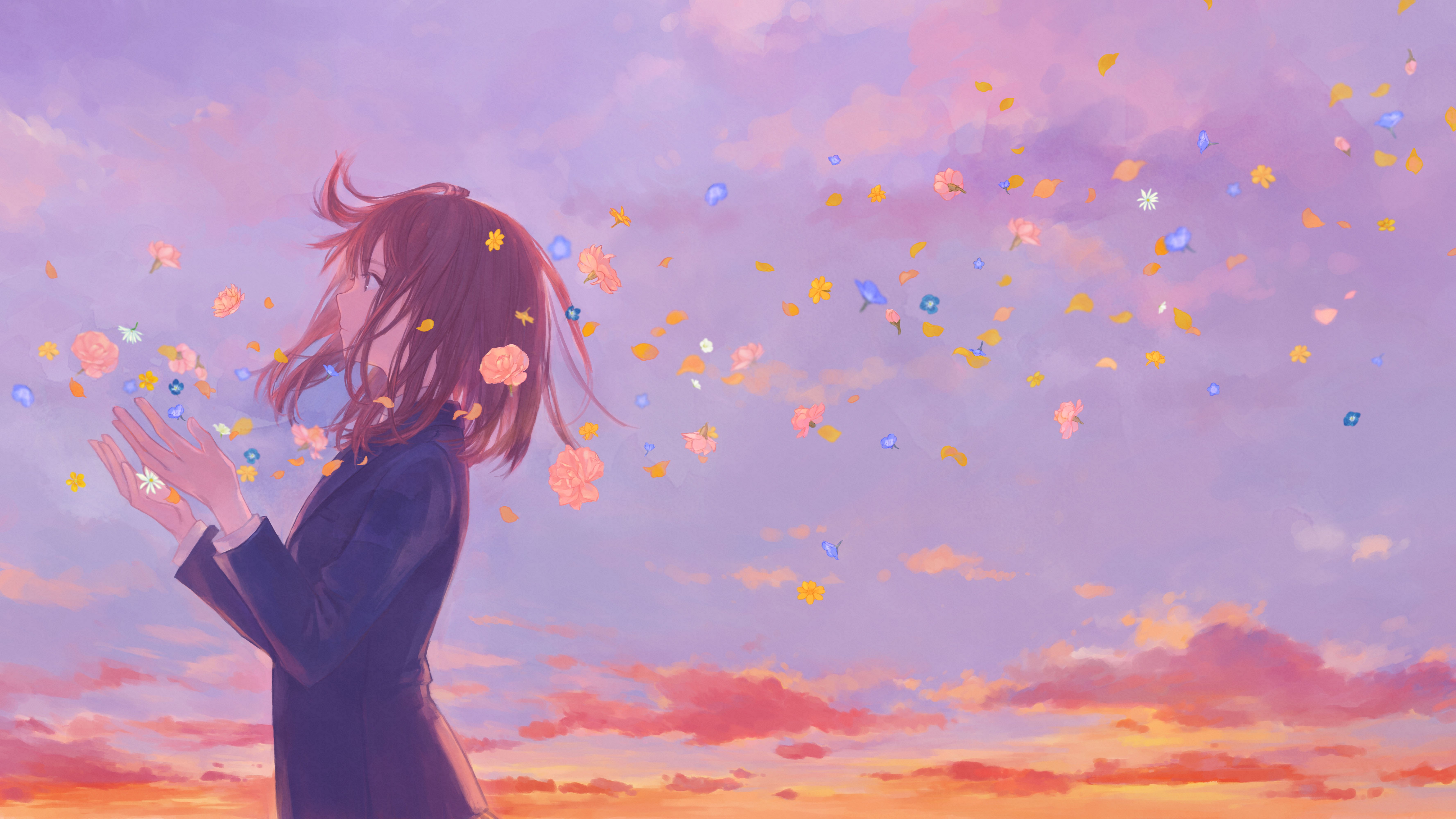 Anime 7111x4000 school uniform flowers sunset clouds