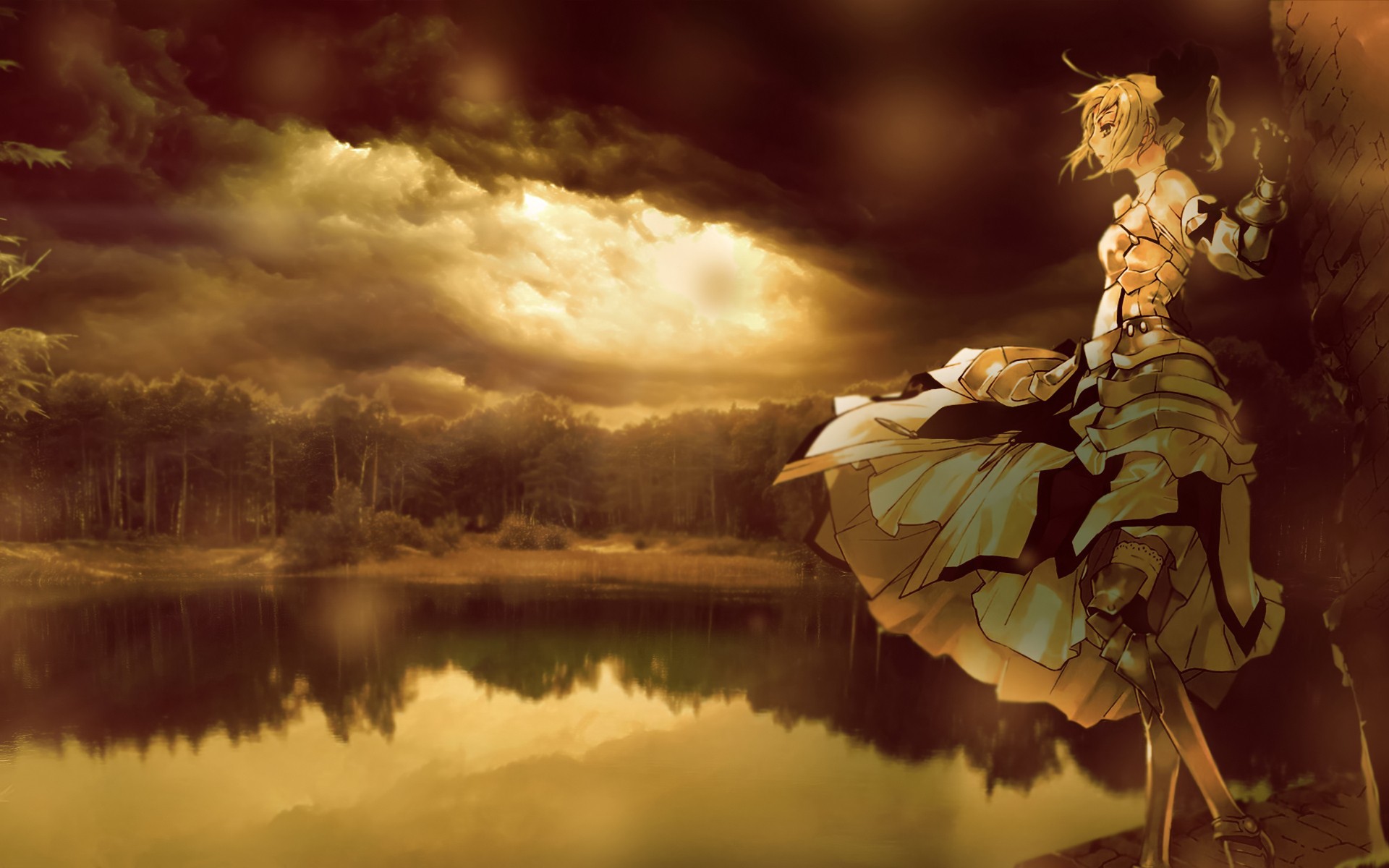 Anime 1920x1200 Fate series reflection forest trees sun rays clouds blonde lake armor Saber Lily Fate/Grand Order anime girls