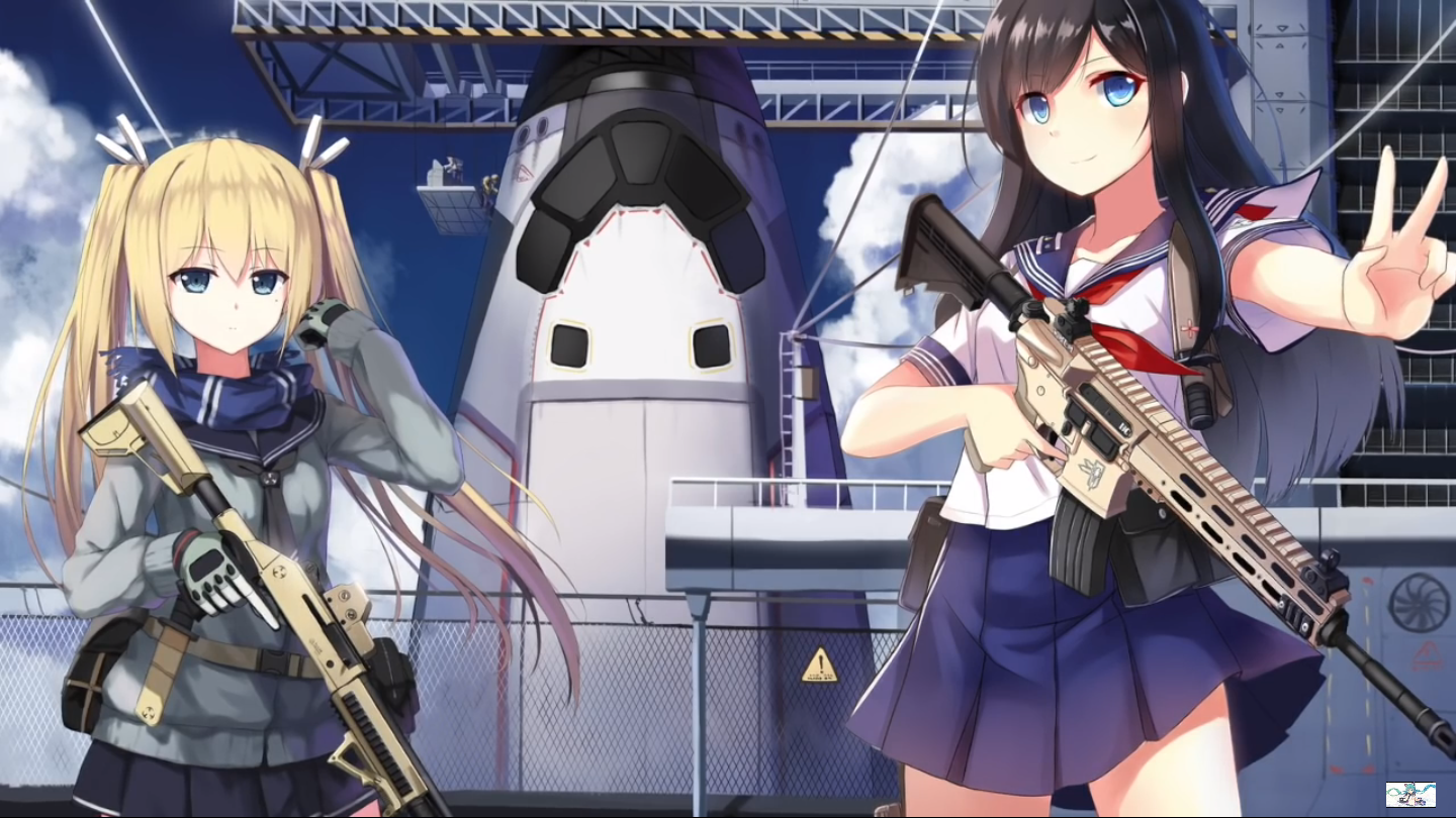 Anime 1440x810 anime snipers school uniform blue eyes anime girls machine gun two women weapon victory sign hand gesture blonde long hair girls with guns