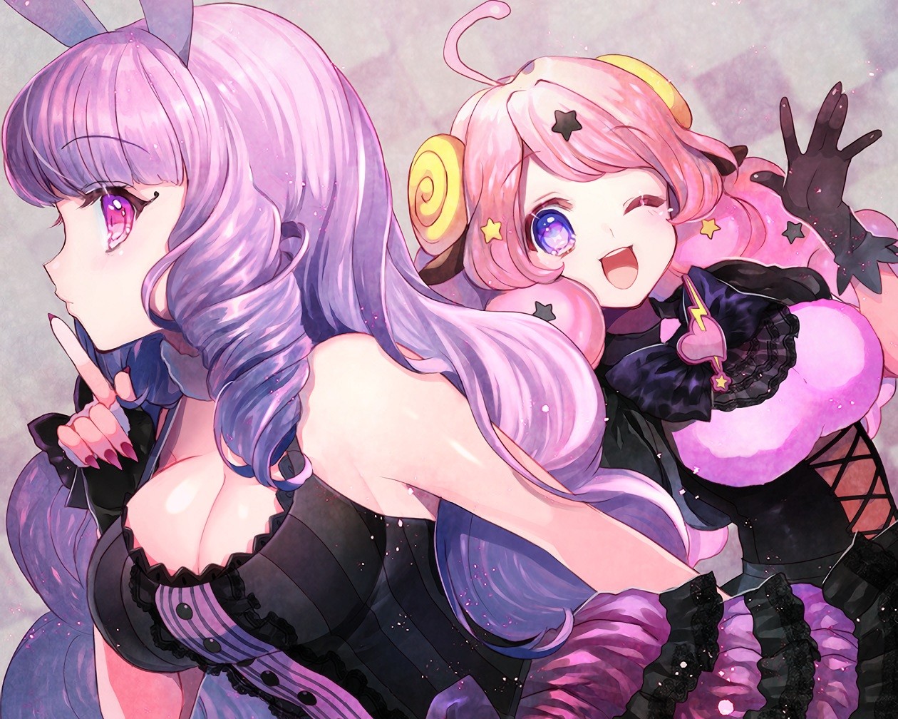 Anime 1260x1008 blue eyes bunny ears cleavage corset dress pink eyes pink hair purple hair Show By Rock!! boobs big boobs one eye closed silence curvy open mouth two women anime anime girls