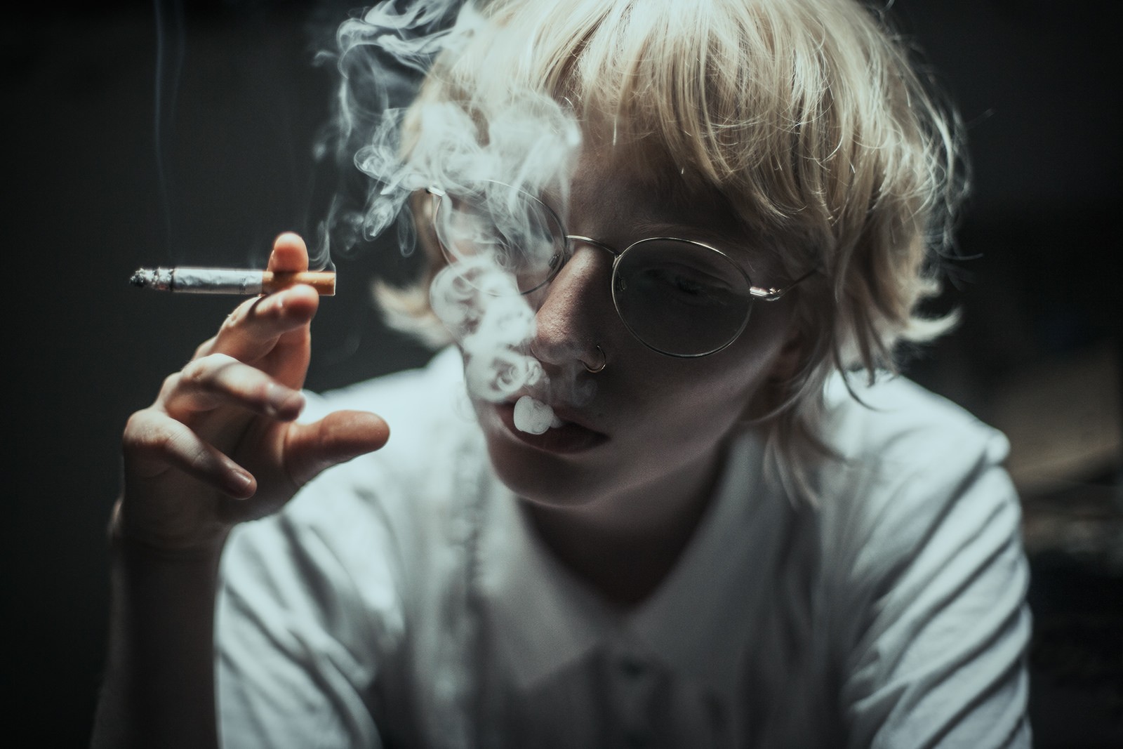 People 1600x1067 women blonde short hair smoking cigarettes glasses women with glasses nose ring