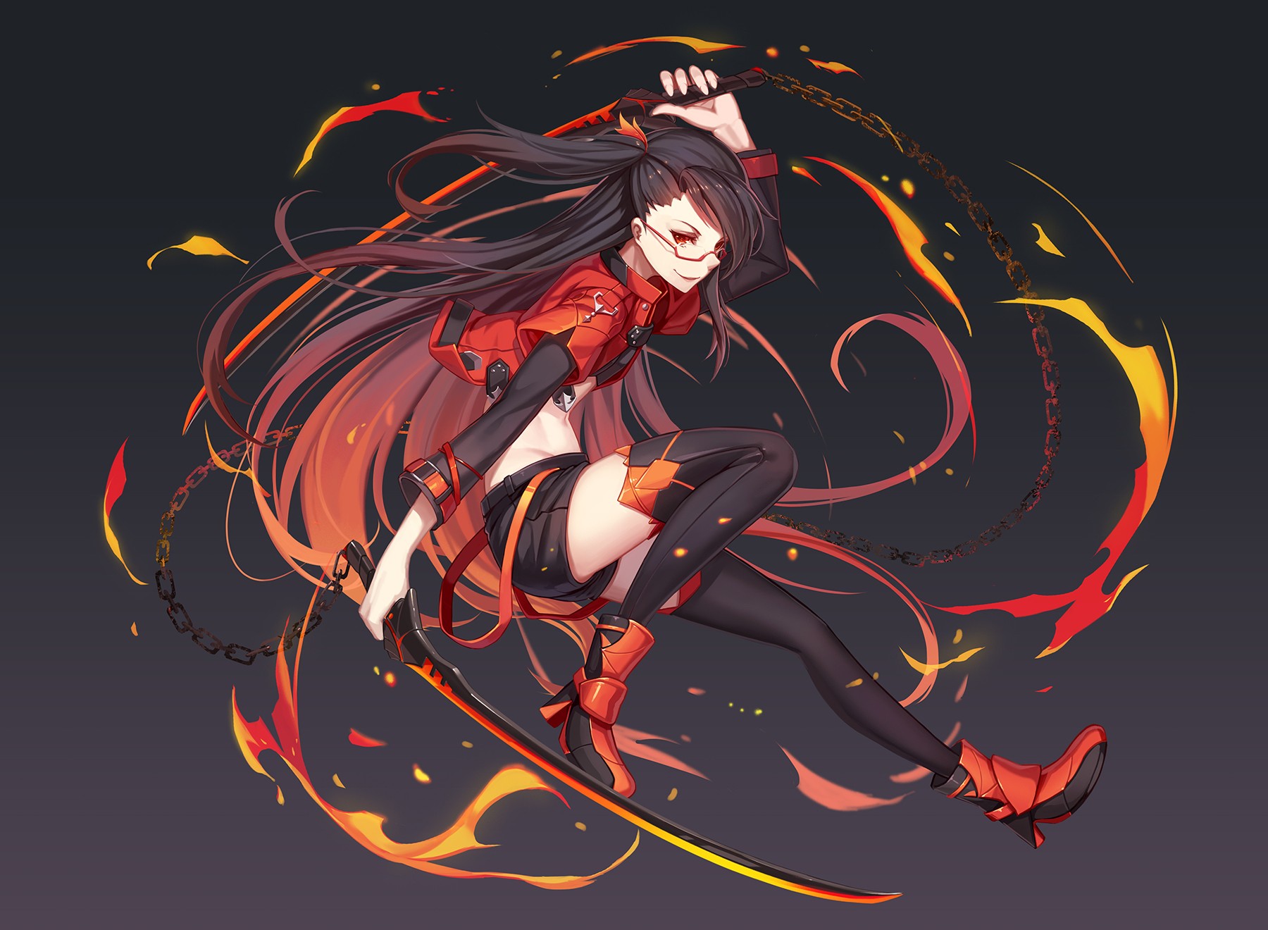 Anime 1800x1320 anime anime girls long hair black hair red eyes glasses sword weapon stockings
