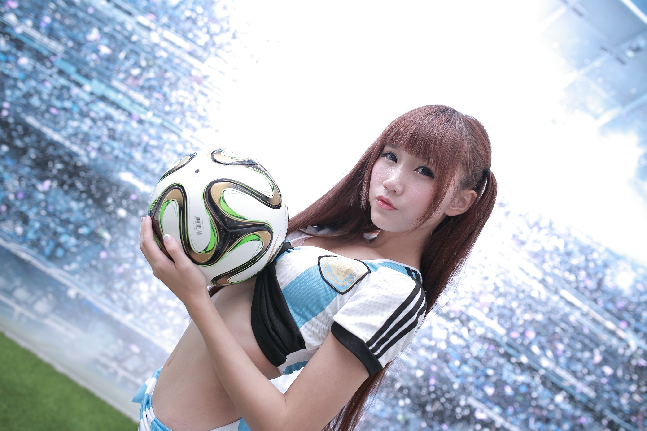 People 2736x1824 auburn hair looking at viewer soccer ball long hair brown eyes Ji Xin Qiao twintails Asian women