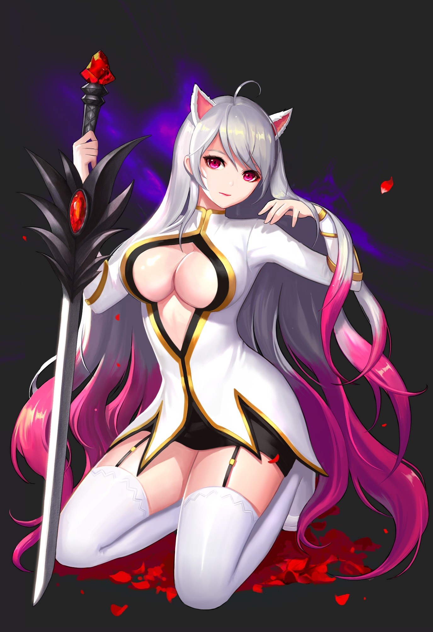 Anime 1375x2007 anime anime girls Dungeon and Fighter animal ears dress cat girl no bra stockings sword pink eyes long hair gray hair pink hair boobs big boobs women with swords girls with guns fantasy art fantasy girl women white stockings dark background