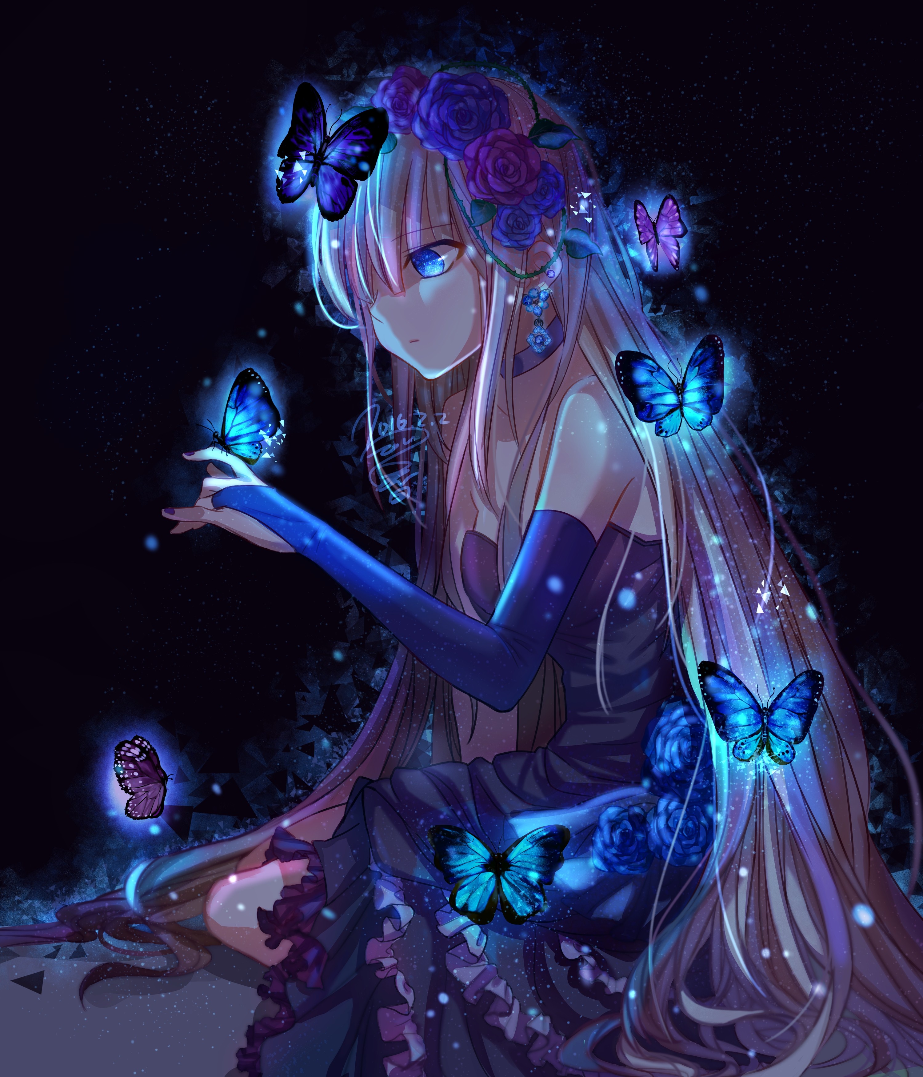 Anime 3000x3500 anime anime girls dress long hair pink hair blue eyes butterfly flowers elbow gloves 2016 (year) hair over one eye frills gloves bare shoulders closed mouth blue rose dark background insect flower in hair glowing