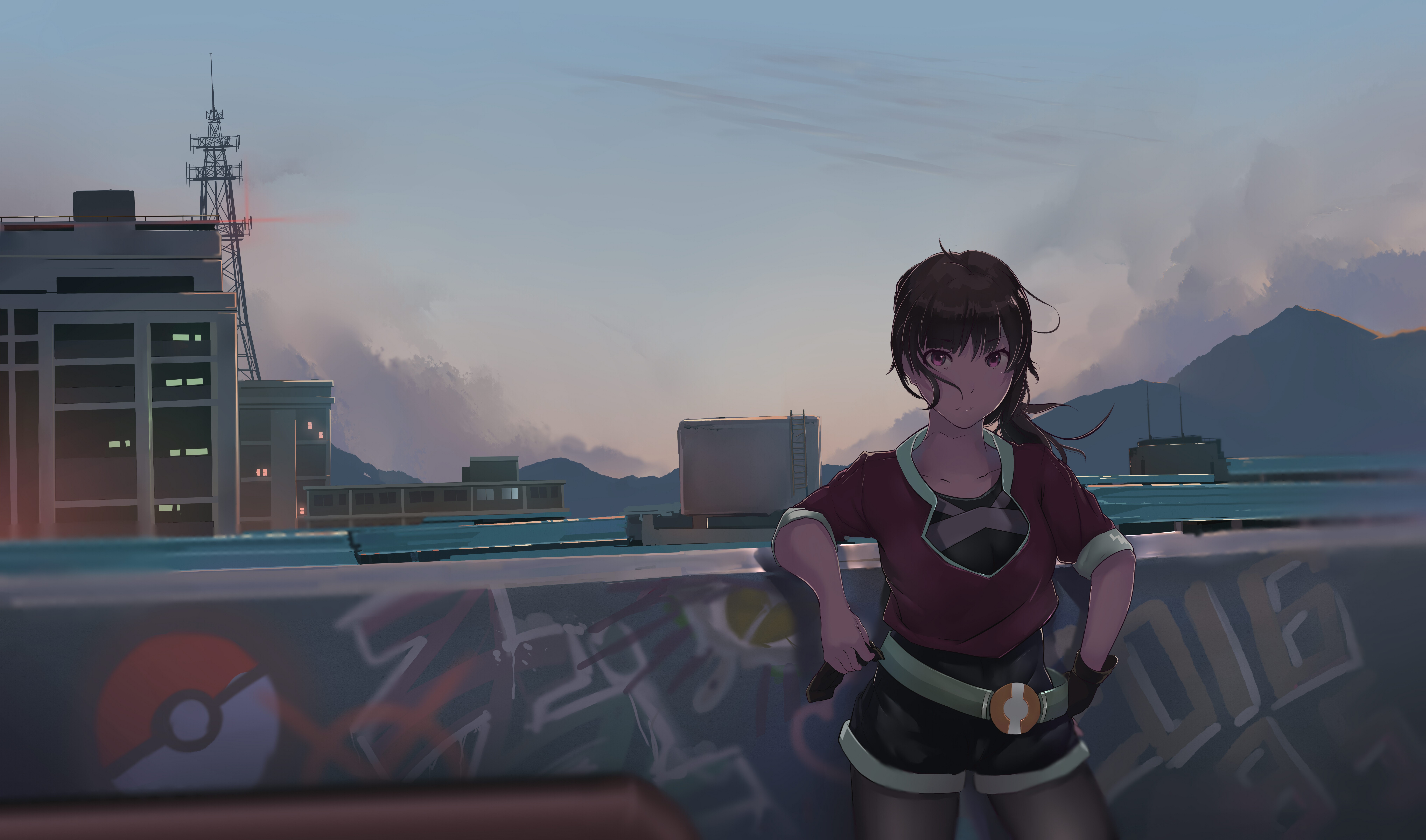 Anime 8149x4800 anime girls Pokémon Pokémon Go standing looking at viewer clouds collarbone gloves Poke Ball building sky closed mouth brunette purple eyes outdoors women outdoors graffiti