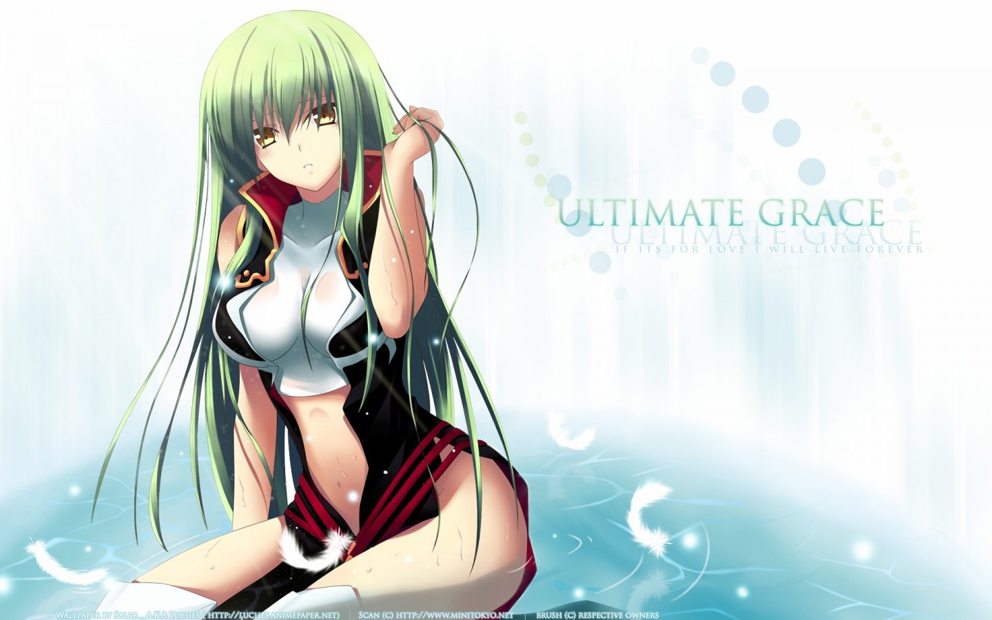 Anime 1440x900 Code Geass C.C. (Code Geass) green hair anime girls boobs belly anime long hair sitting hair in face yellow eyes looking at viewer white background simple background