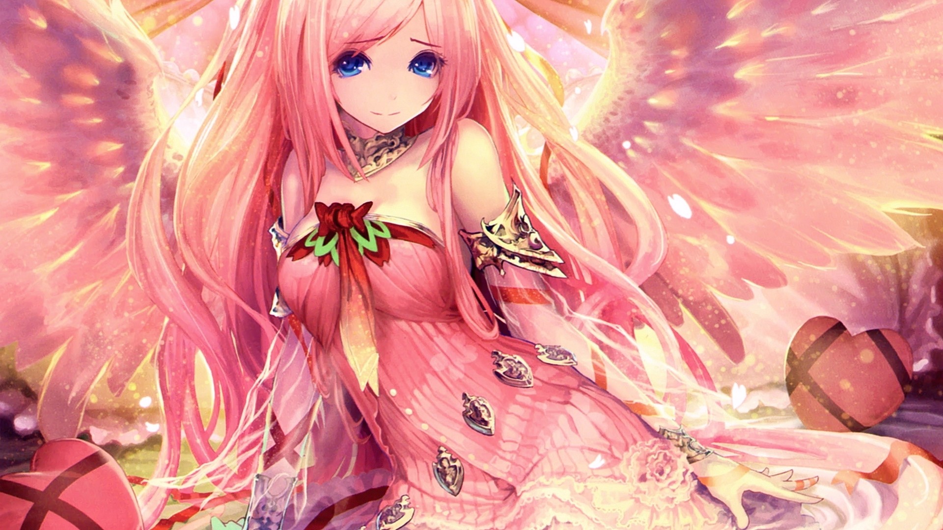 Anime 1920x1080 anime girls pink hair blue eyes fantasy girl long hair looking at viewer pink dress pink clothing fantasy art anime wings bare shoulders heart (design) dress closed mouth bright