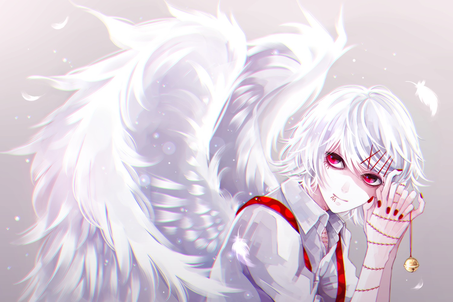 Anime 1500x1000 anime red eyes anime girls wings painted nails fantasy art fantasy girl looking at viewer white hair simple background red nails Tokyo Ghoul Suzuya Juuzou