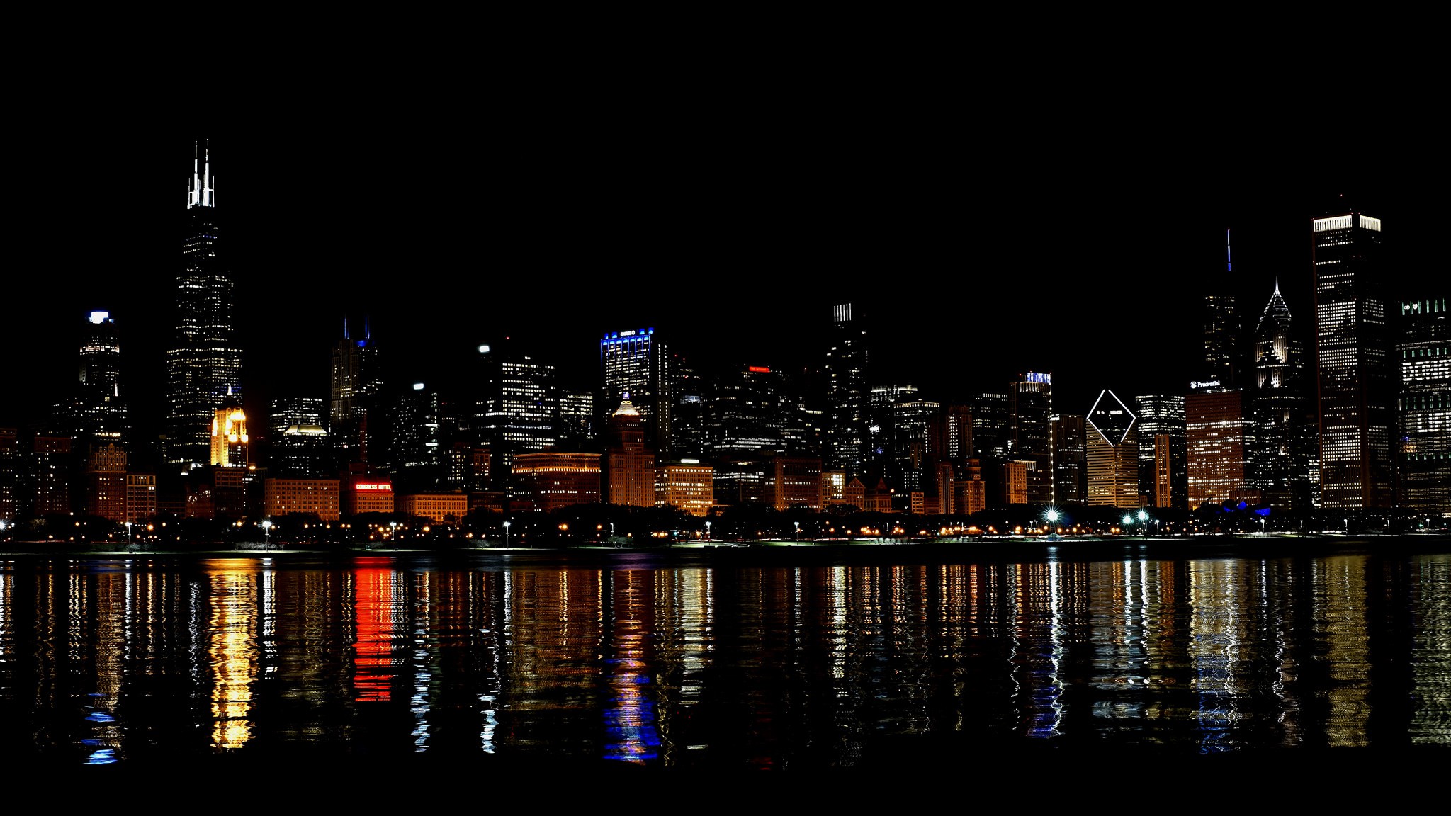 General 2048x1152 Chicago city city lights skyscraper USA cityscape reflection night skyline