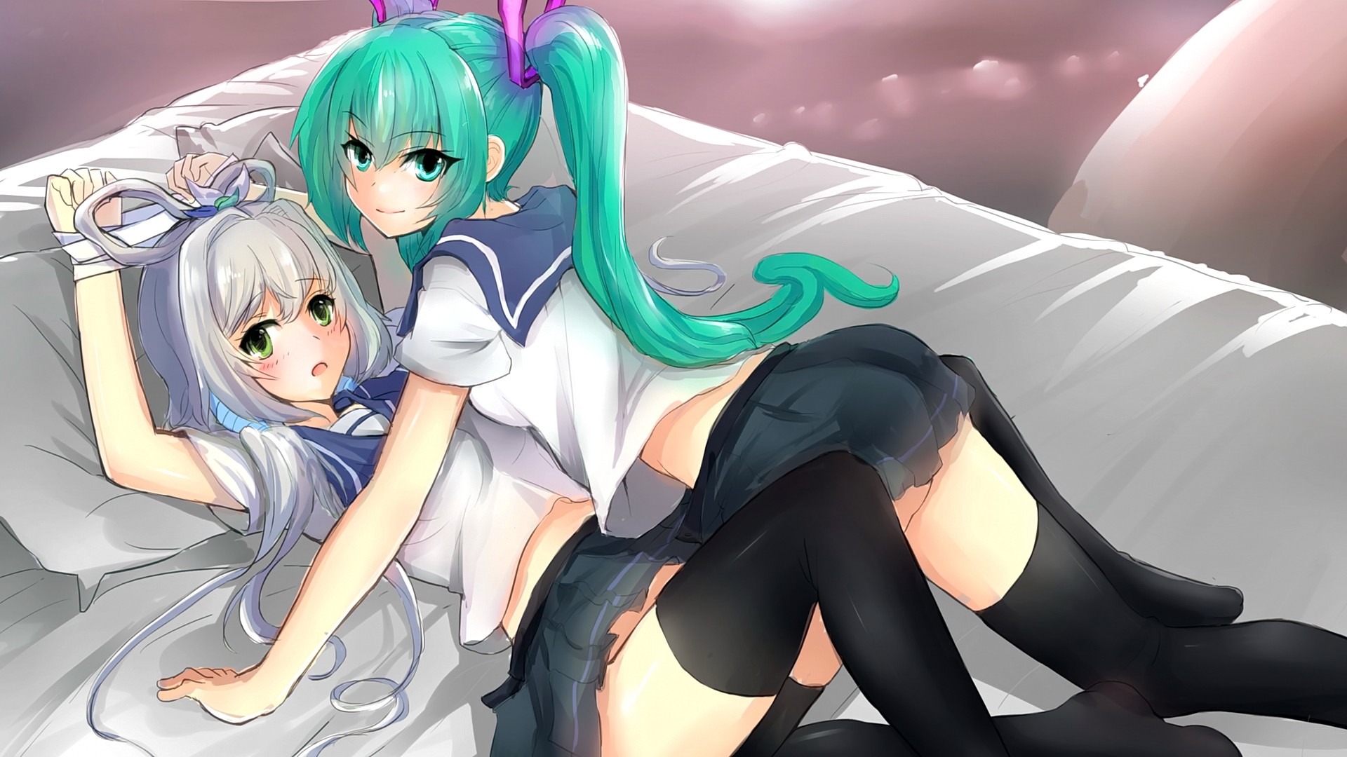 Anime 1920x1080 anime anime girls Vocaloid Hatsune Miku Luo Tianyi (vocaloid) thigh-highs in bed ass cyan hair blonde aqua eyes green eyes open mouth smiling short hair long hair looking at viewer lesbians two women stockings black stockings lying on back bent over skirt