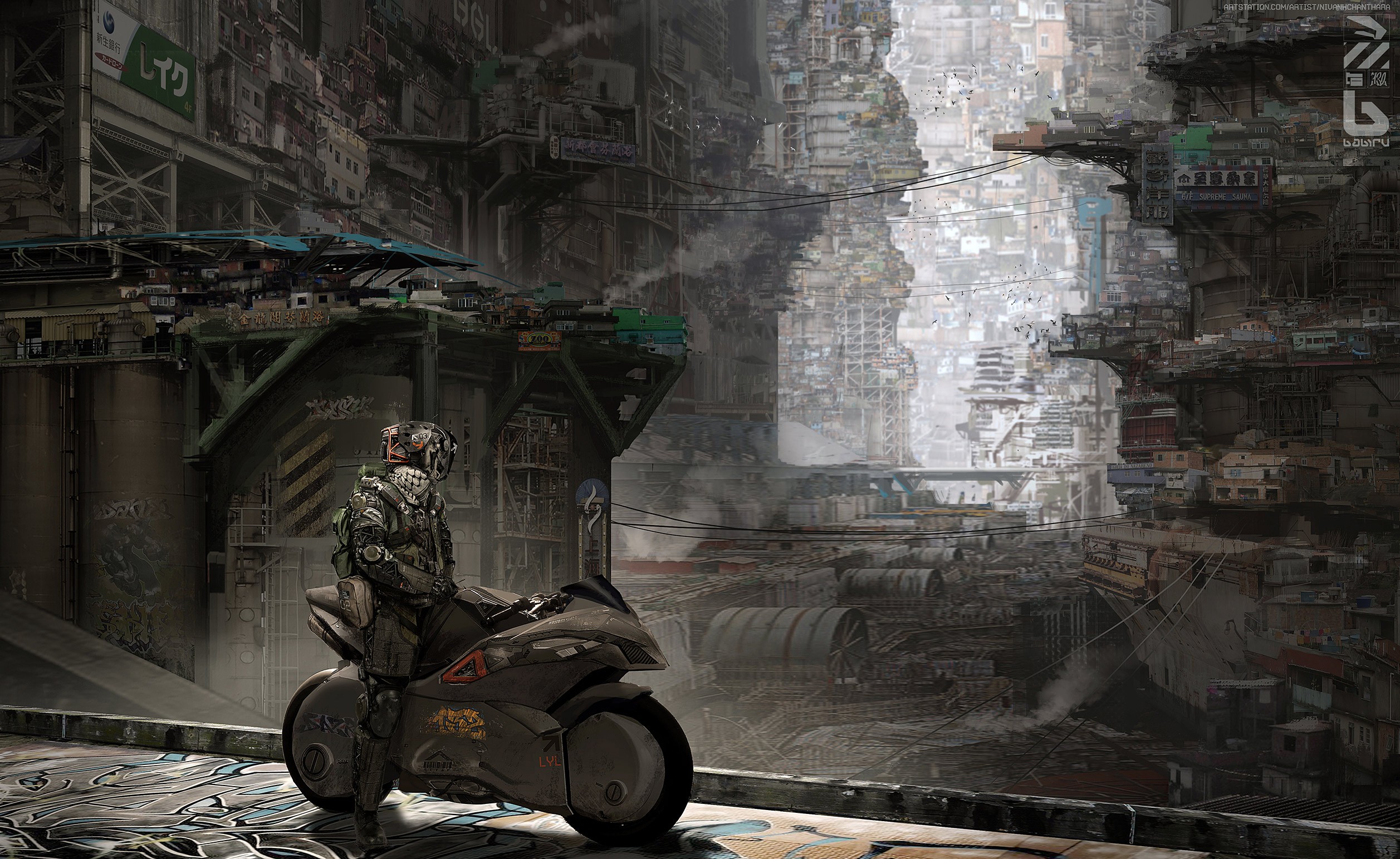 General 2514x1544 motorcycle futuristic city futuristic cityscape vehicle science fiction