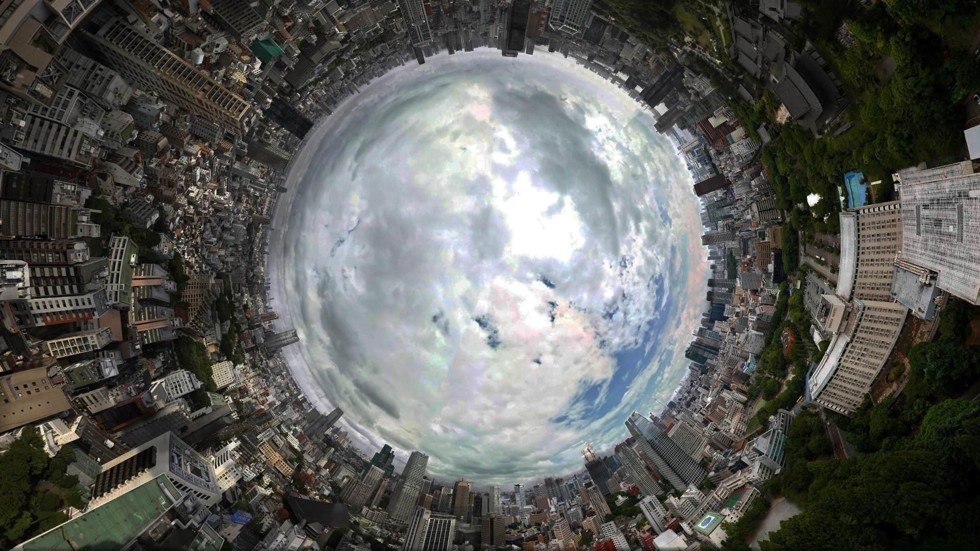 General 1920x1080 panoramic sphere clouds digital art city cityscape