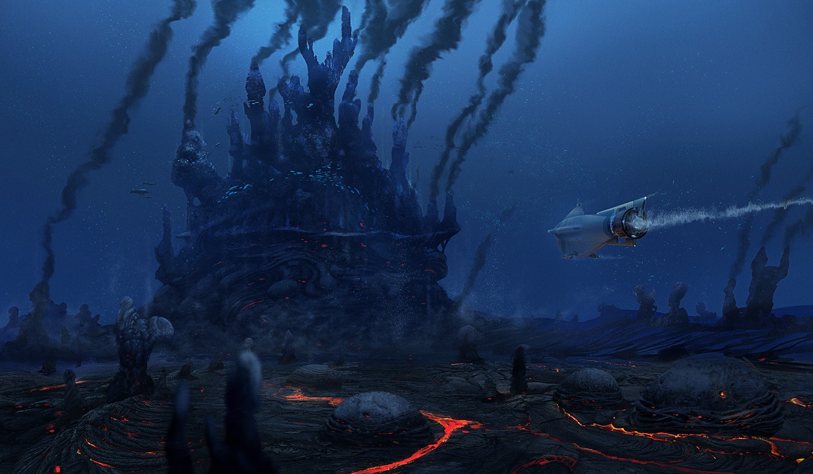 General 1600x933 fantasy art artwork digital art science fiction underwater lava smoke rocks subnautica vehicle submarine