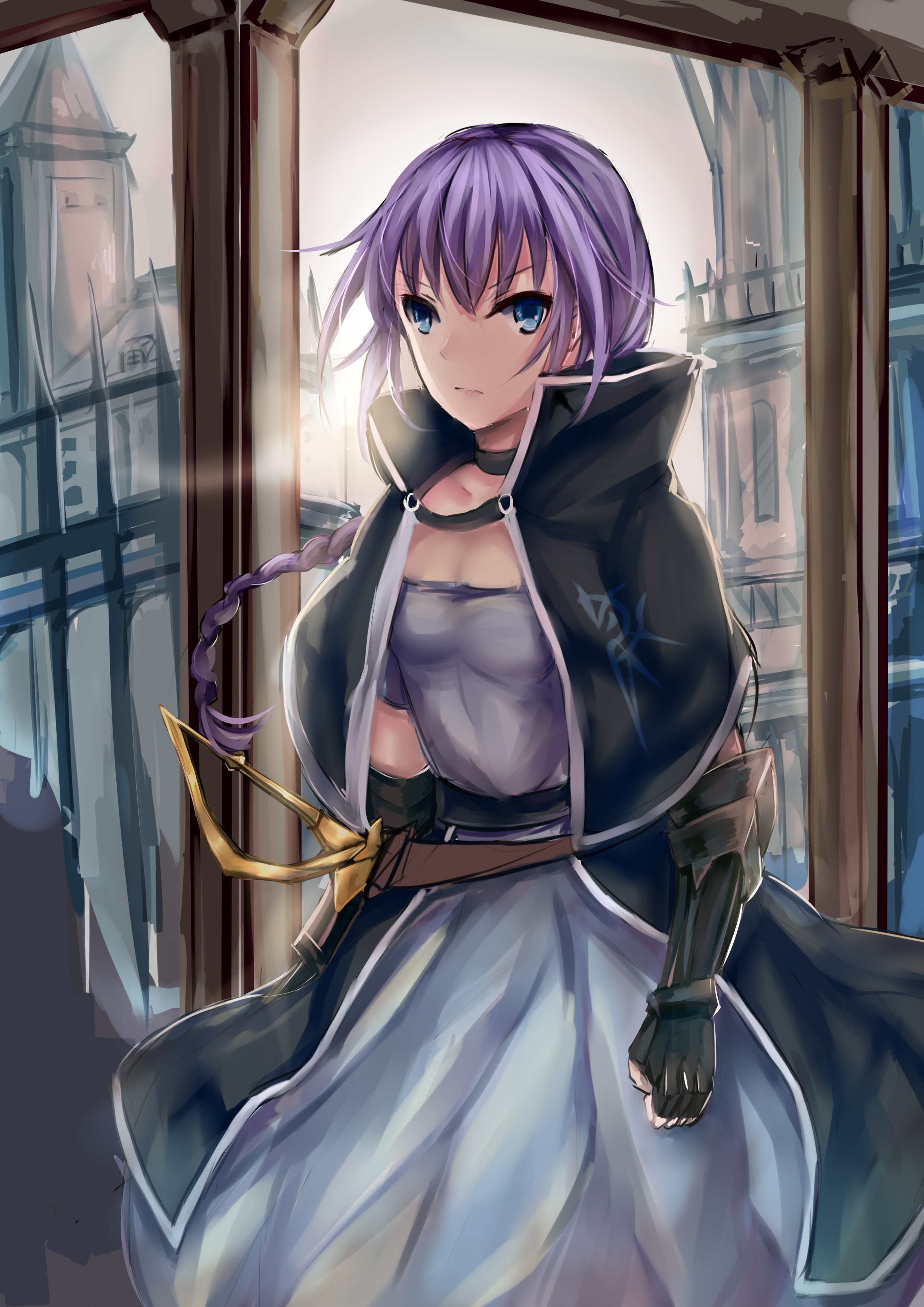 Anime 2480x3507 anime anime girls blue eyes purple hair long hair sword armor Pixiv fantasy art fantasy girl dress