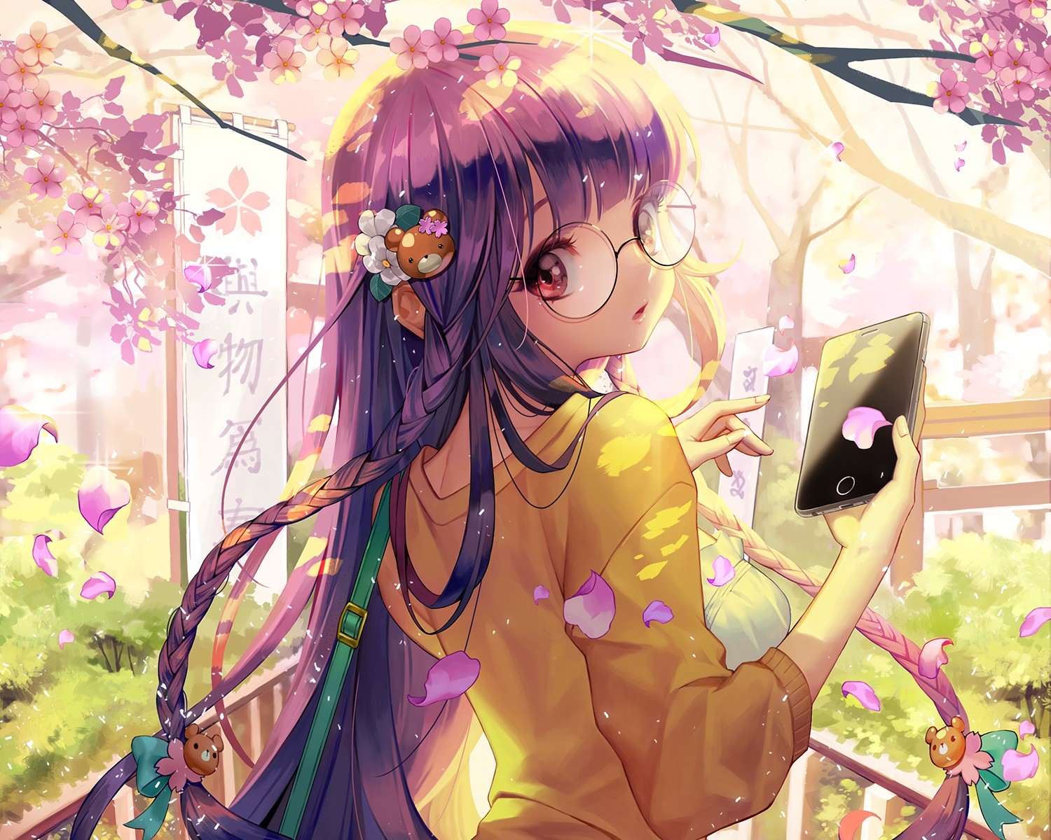 Anime 1500x1200 anime anime girls braids dress glasses long hair petals phone purple hair red eyes smartphone flower in hair yellow clothing technology looking at viewer