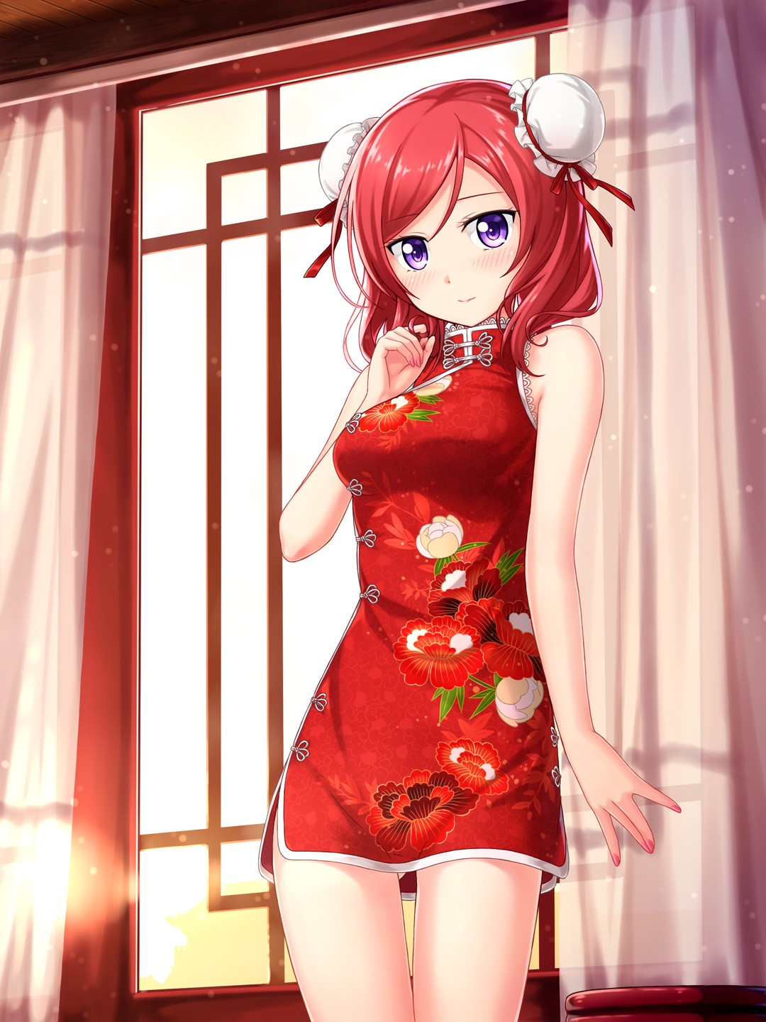 Anime 1080x1440 anime anime girls Love Live! redhead purple eyes short hair Nishikino Maki Pixiv red dress dress red clothing looking at viewer painted nails