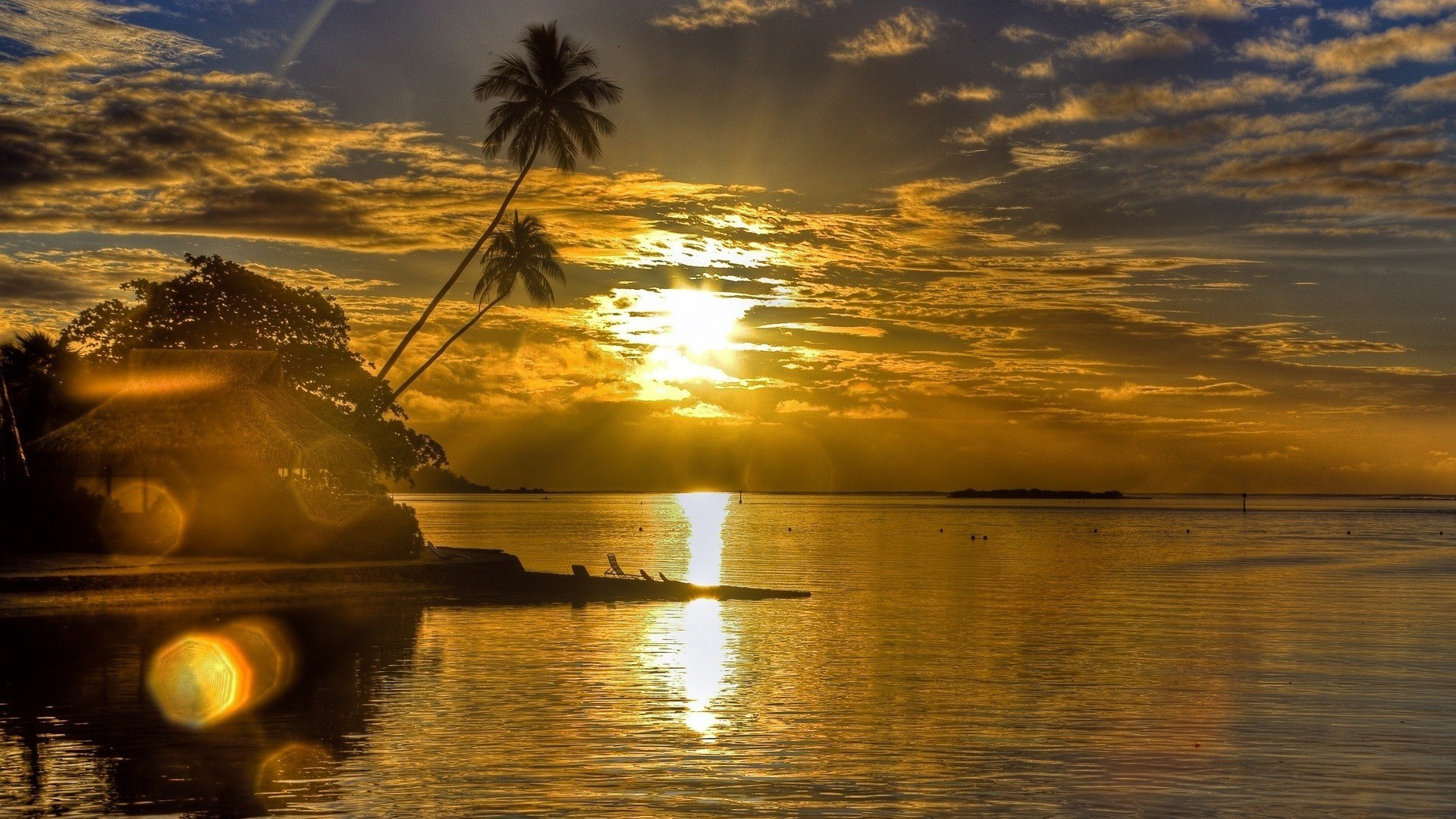 General 1920x1080 nature sunset sunlight water clouds palm trees sky