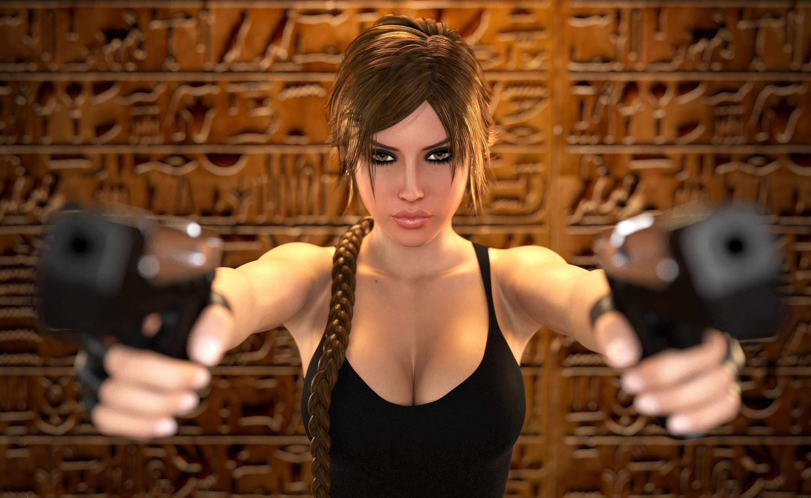 General 2600x1599 CGI gun Tomb Raider girls with guns frontal view dual wield cleavage Lara Croft (Tomb Raider) boobs digital art aiming brunette long hair video games video game girls video game characters looking at viewer
