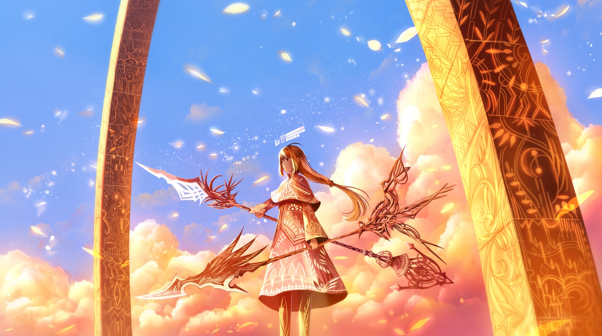 Anime 2000x1119 anime anime girls clouds sky long hair weapon fantasy art fantasy girl Pixiv