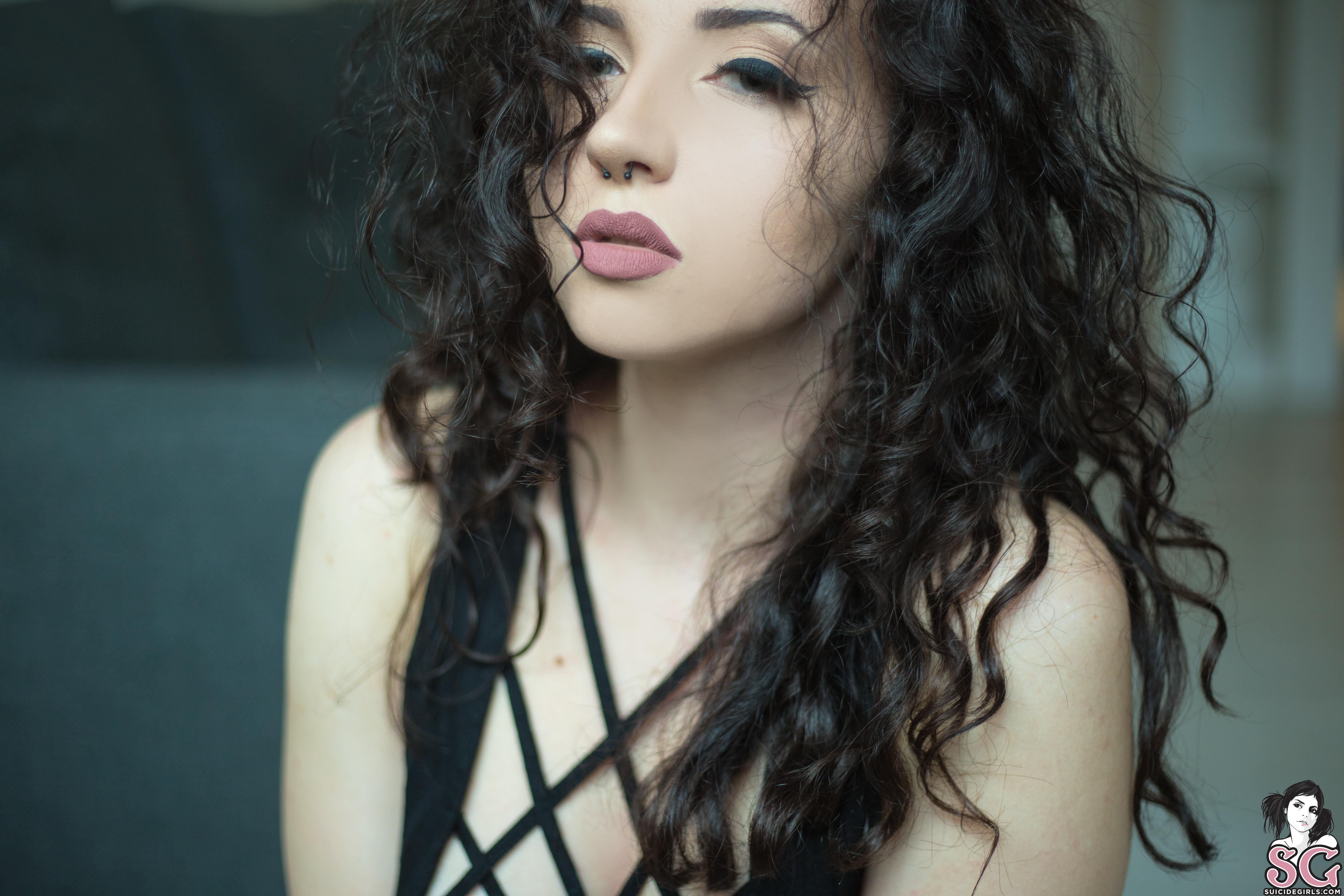People 5472x3648 Eärendil Suicide Suicide Girls photography model women women indoors curly hair brunette black lingerie face piercing depth of field bare shoulders lace up top watermarked closeup