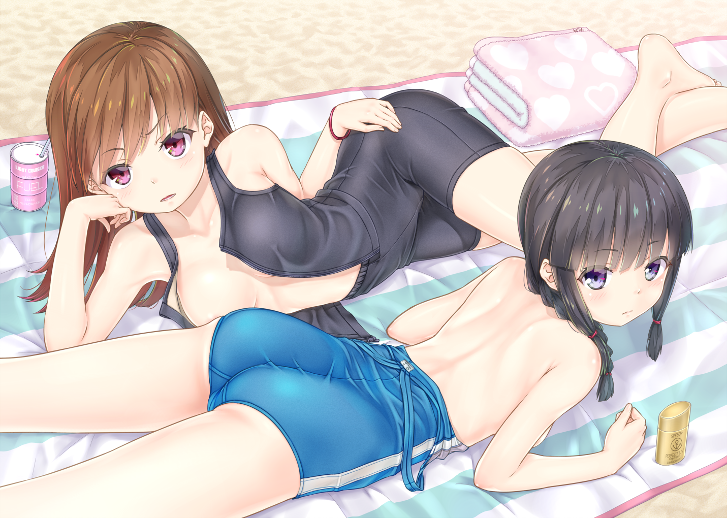 Anime 1431x1020 Kitakami (KanColle) Ooi (KanColle)  Kantai Collection anime girls boobs ass one-piece swimsuit beach lying on beach looking at viewer high angle lying on front topless open clothes lying on side