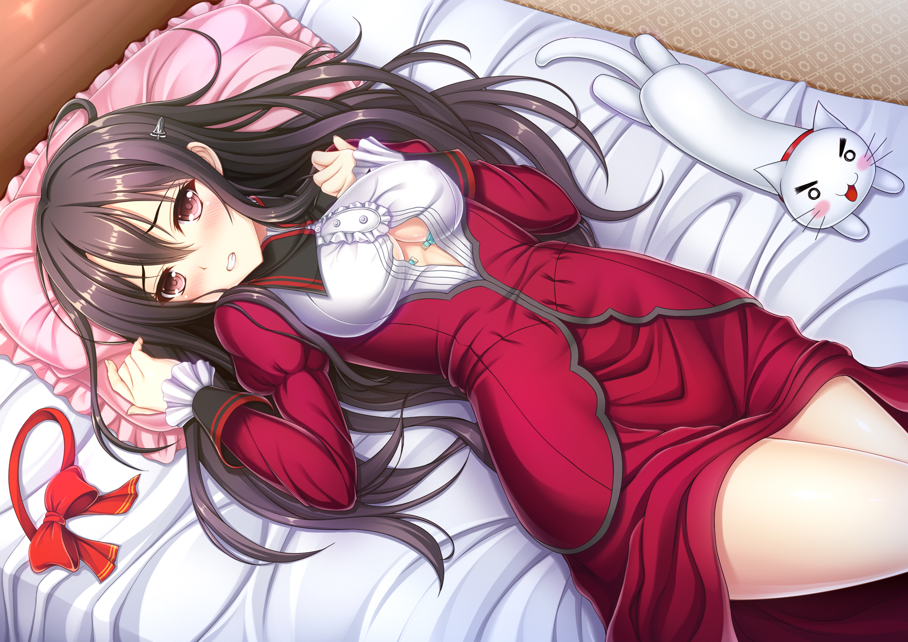 Anime 1771x1254 in bed anime girls anime long hair dark hair cats indoors dress Hiro (artist)