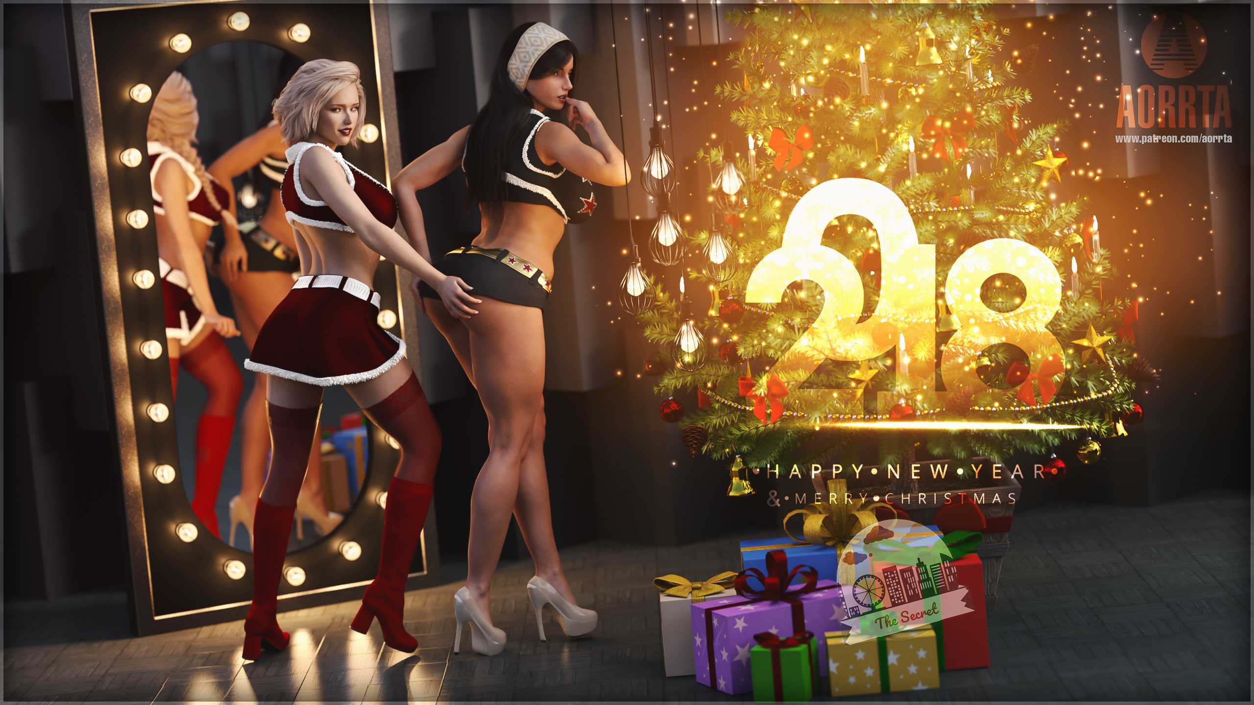 General 2560x1440 CGI Christmas New Year 2018 (year) santa outfit ass bra feet legs lingerie panties stockings thigh-highs high heels artwork