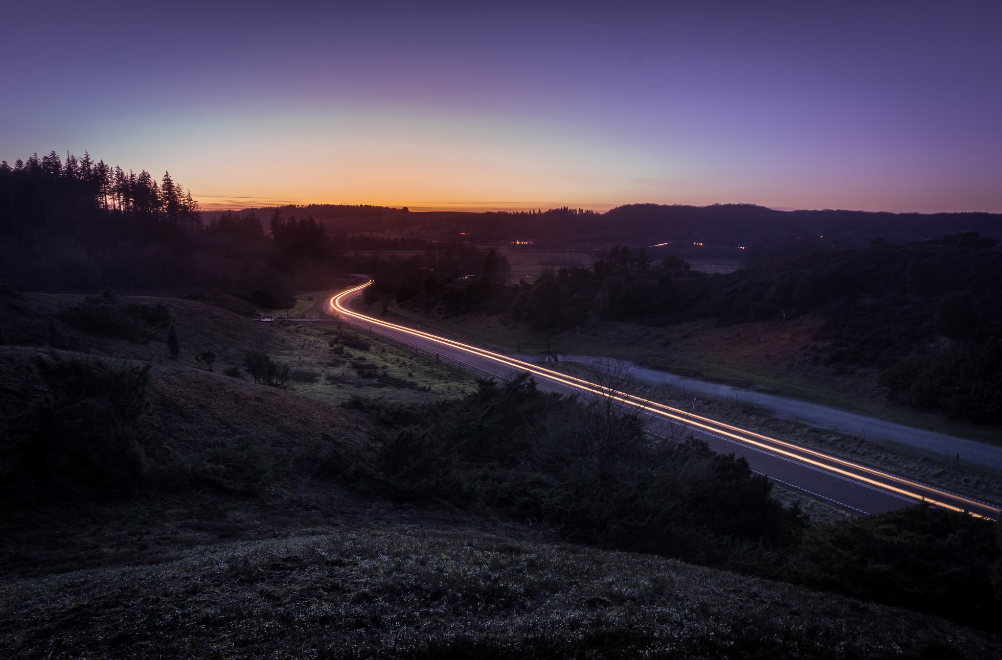 General 2048x1348 road light trails landscape sunrise hills dusk long exposure low light