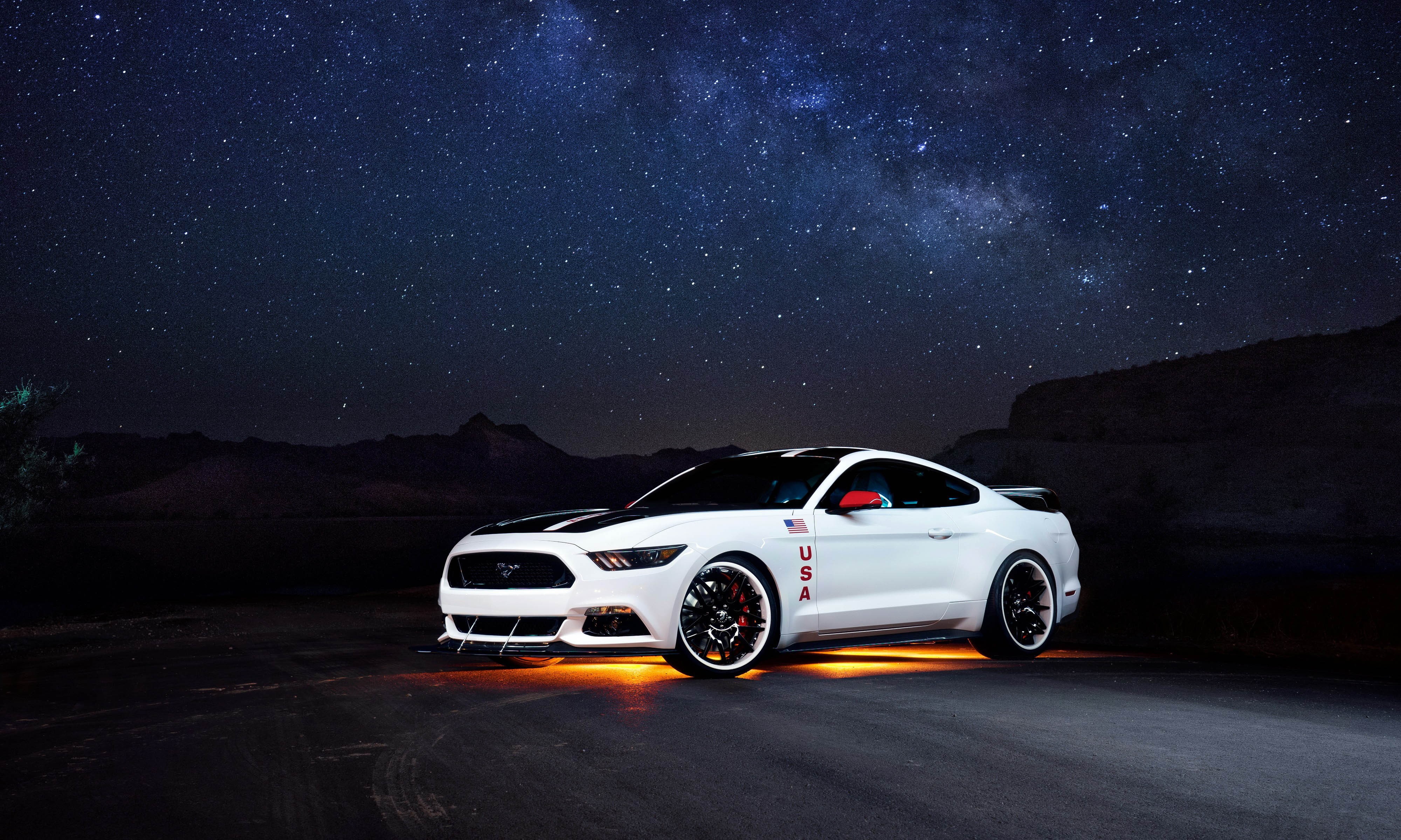 General 4000x2400 Ford Mustang night vehicle white cars car Ford USA starred sky sky stars American flag flag Ford Mustang S550